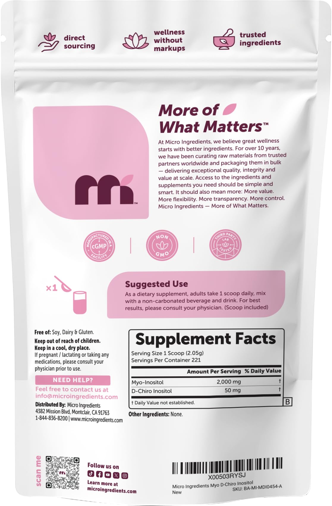 Micro Ingredients Myo-Inositol & D-Chiro Inositol Powder on a kitchen counter