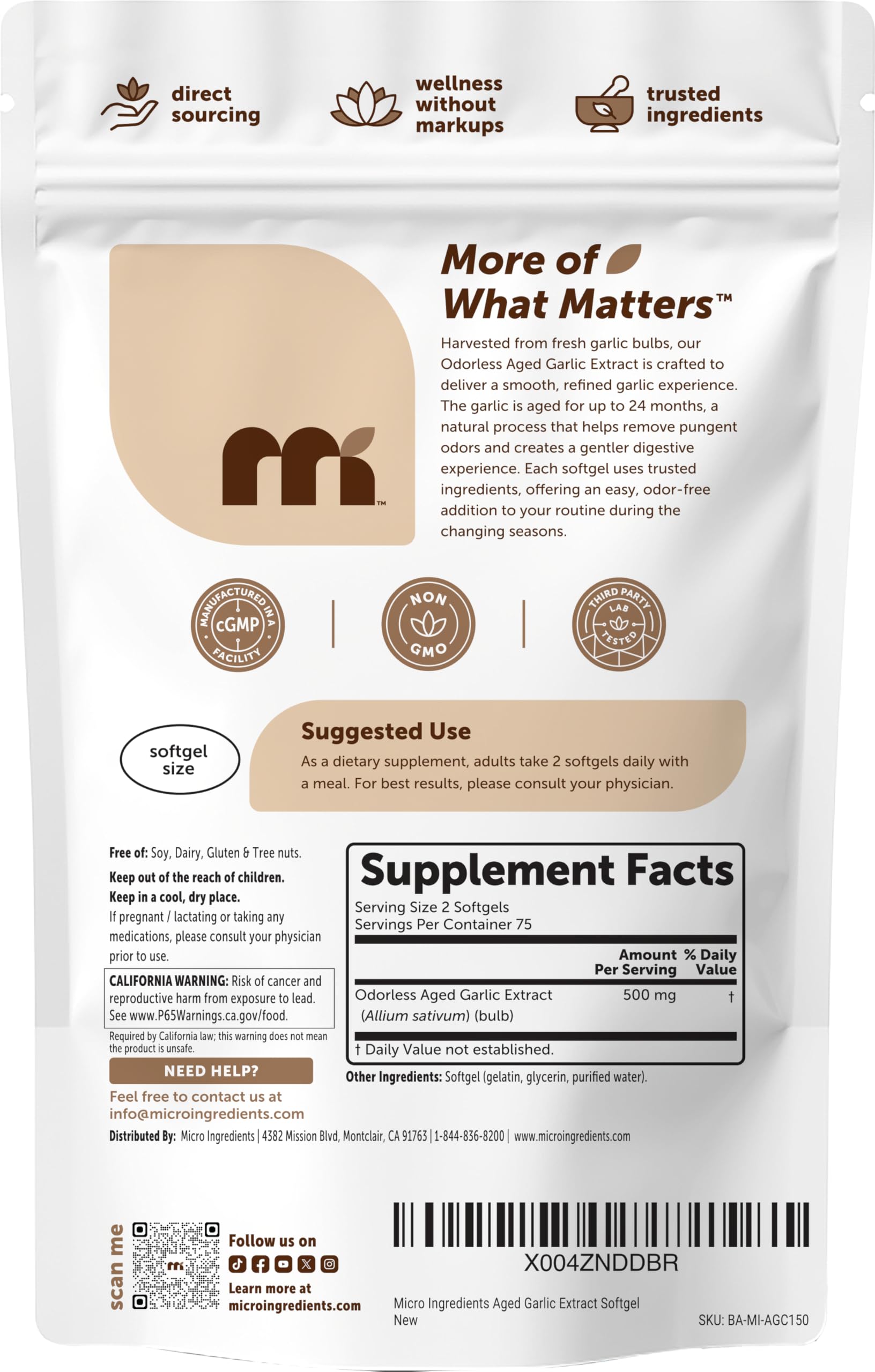 Micro Ingredients Odorless Aged Garlic Extract Softgels with a measuring spoon