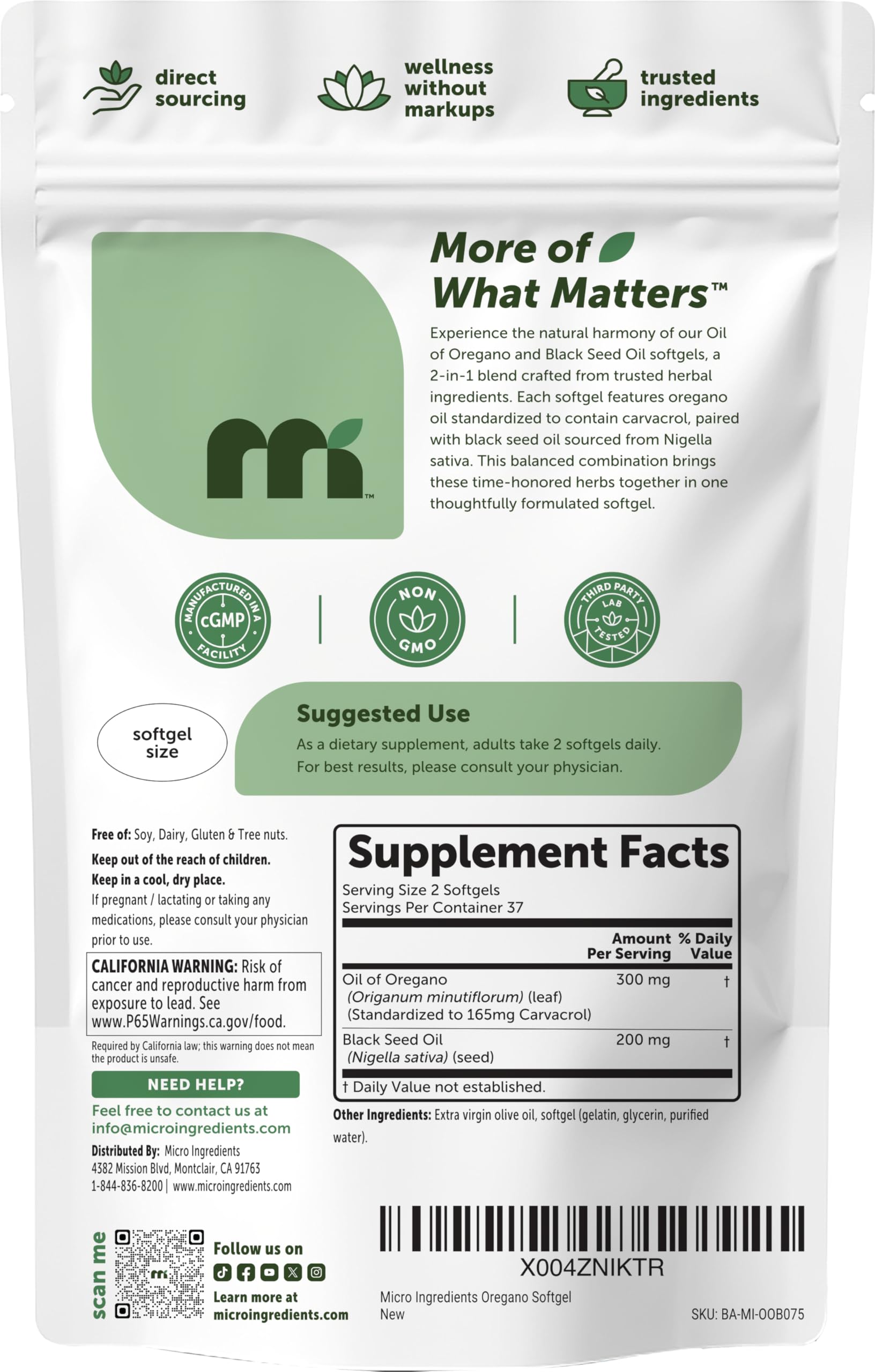 Micro Ingredients Oil of Oregano Softgels packaging details