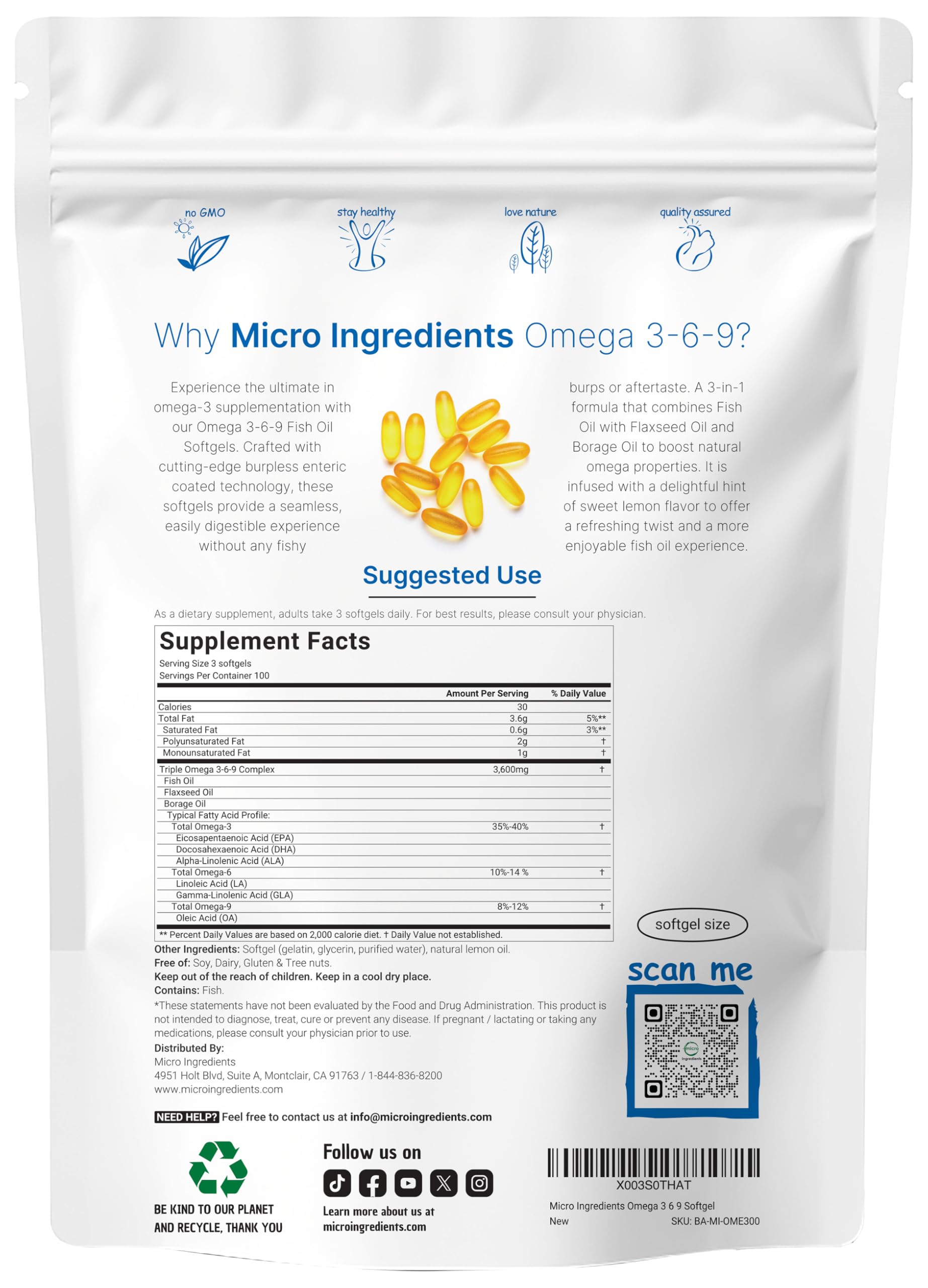 Micro Ingredients Omega 3-6-9 Fish Oil Softgel Complex side view