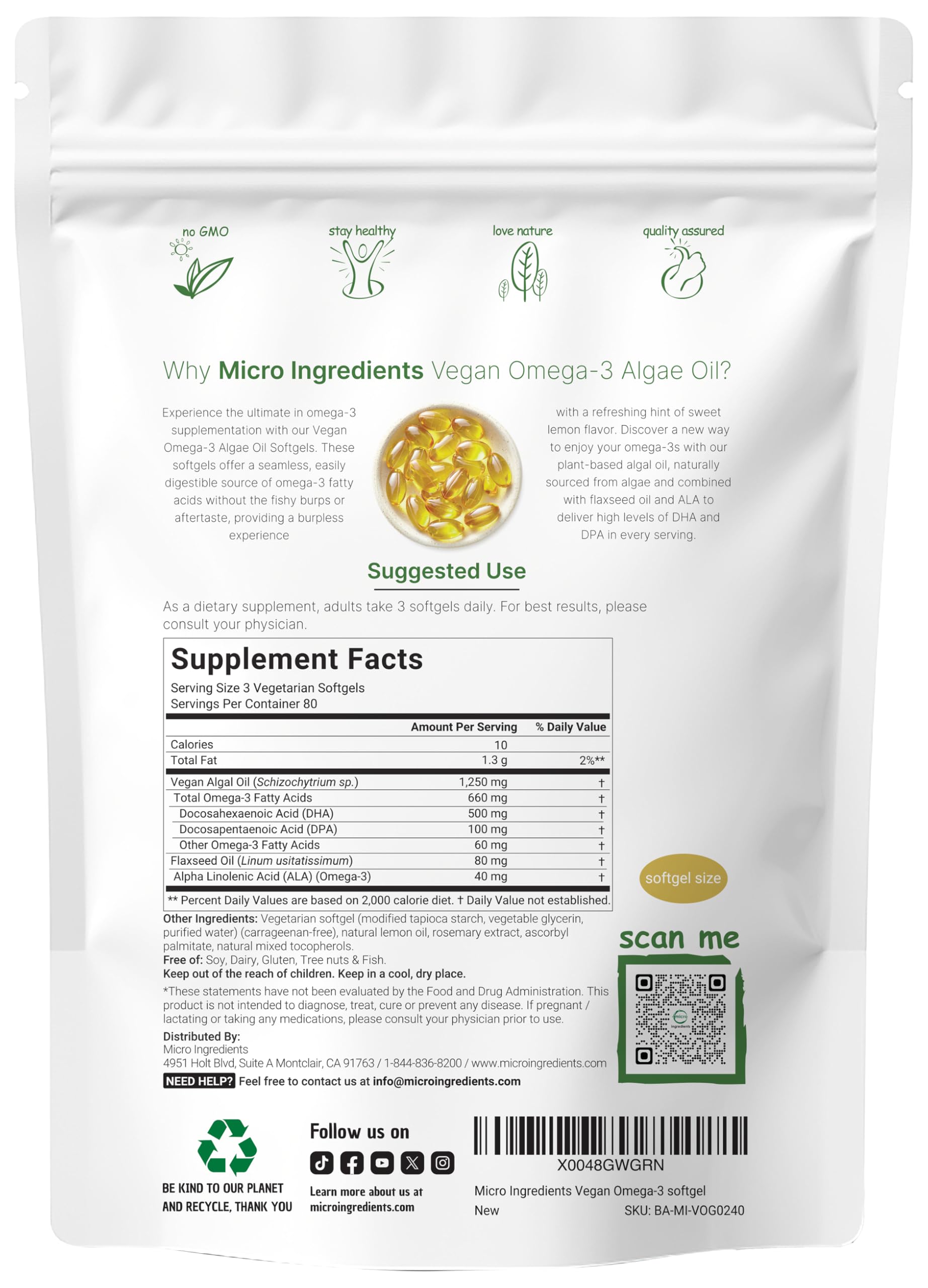 Micro Ingredients Omega-3 algae oil veggie softgels packaging