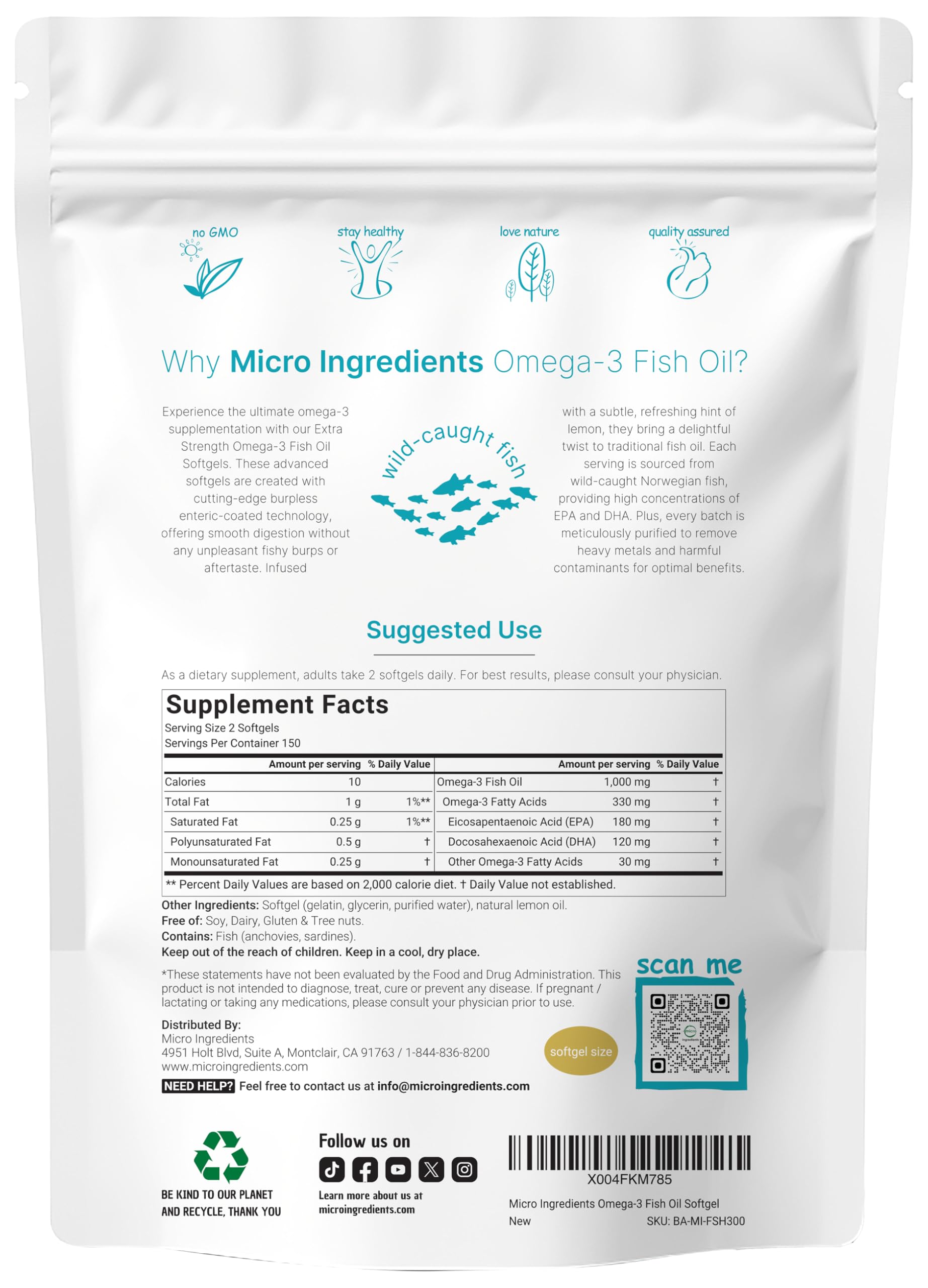 Micro Ingredients Omega-3 Fish Oil Softgels 1000mg pouch with 300 softgels
