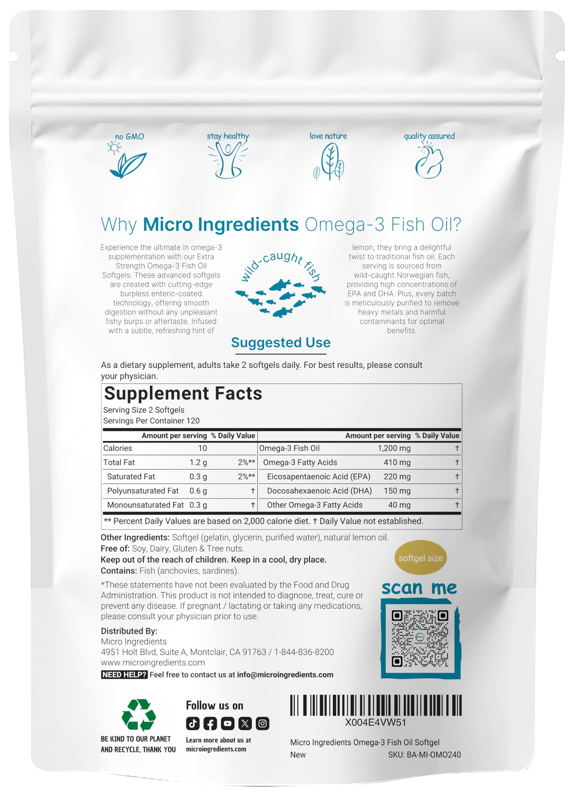 Micro Ingredients Omega-3 Fish Oil Softgels 240 count packaging