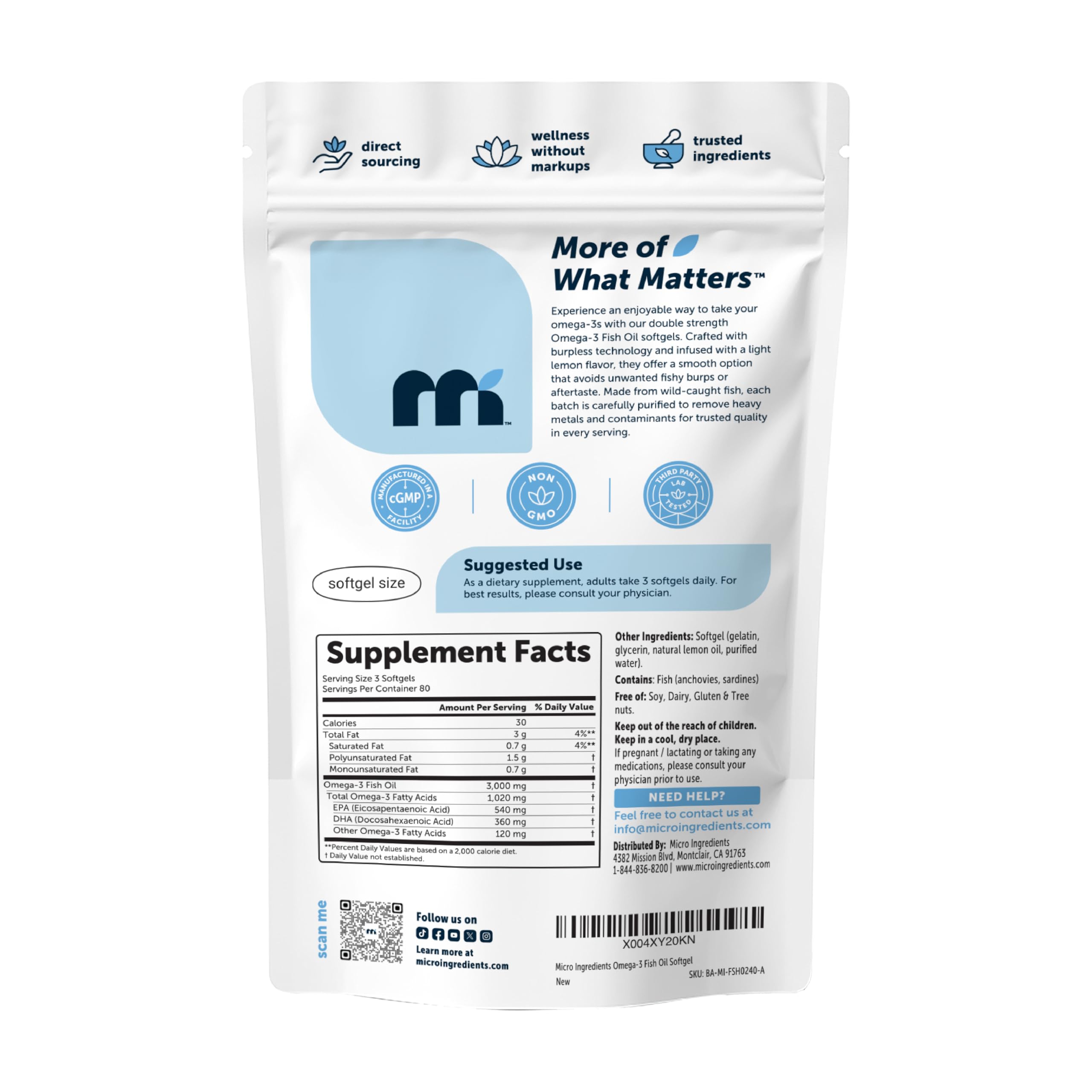 Micro Ingredients Omega-3 Fish Oil Softgels 3000mg on a wooden table