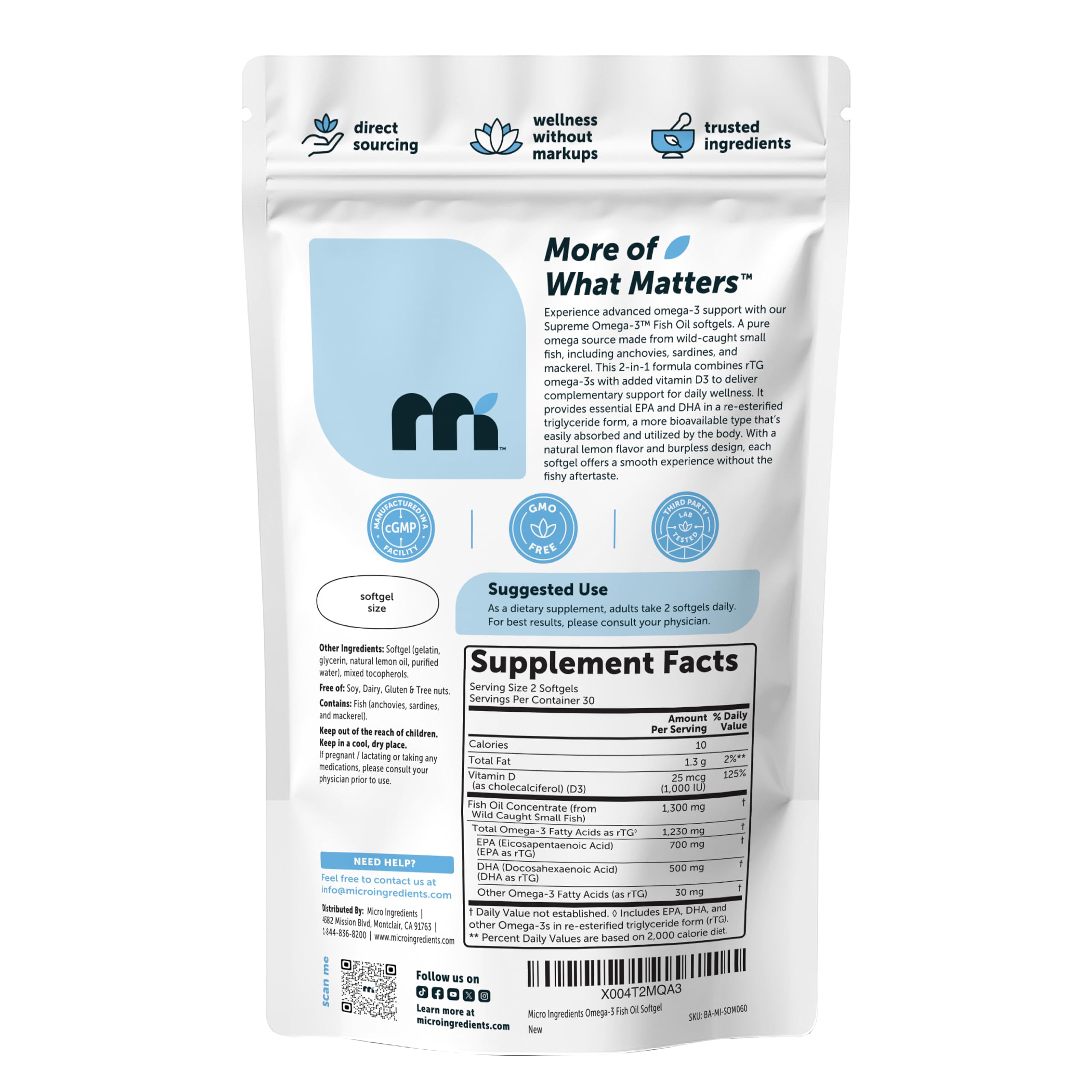 Micro Ingredients Omega-3 Fish Oil softgels in hand