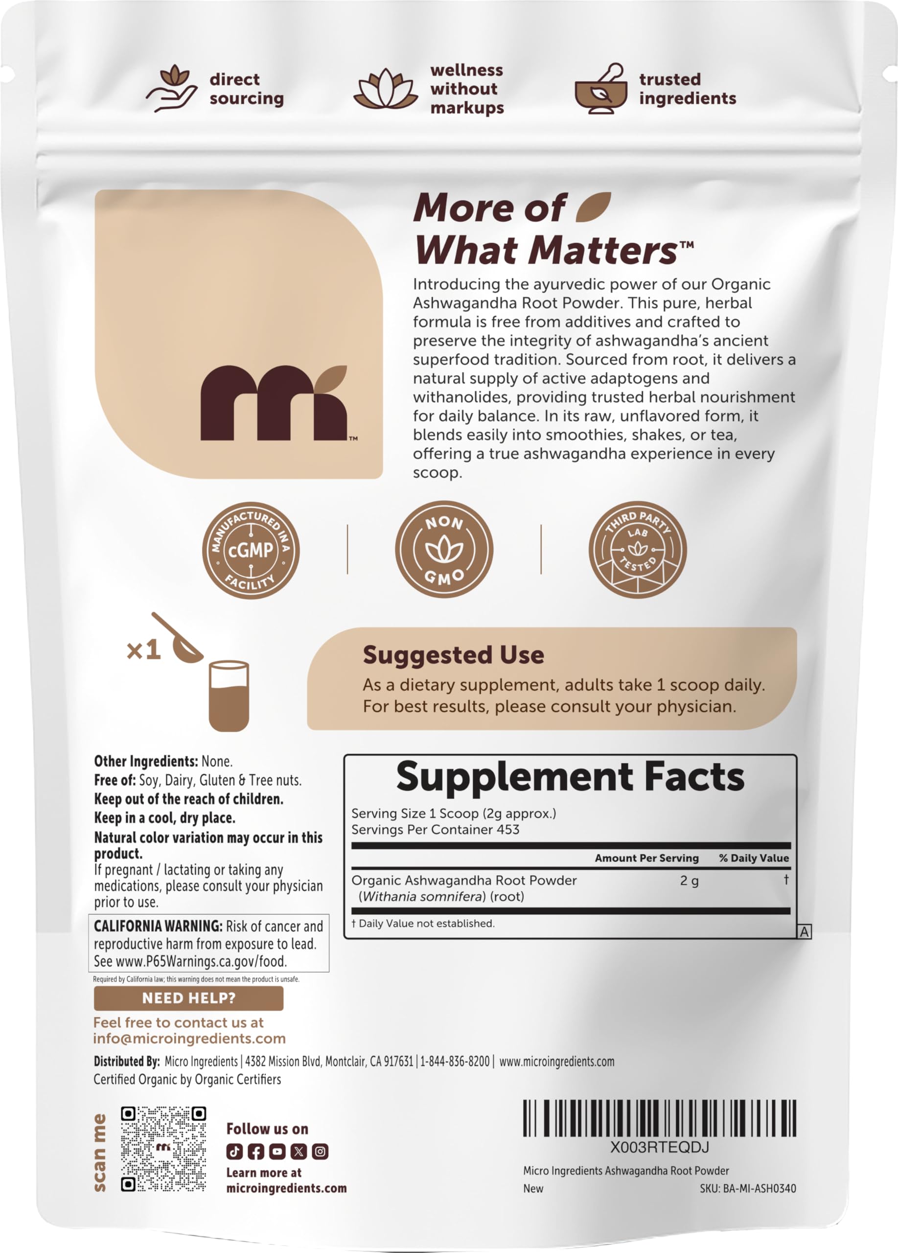 Micro Ingredients Organic Ashwagandha Root Powder 907g on a wooden table