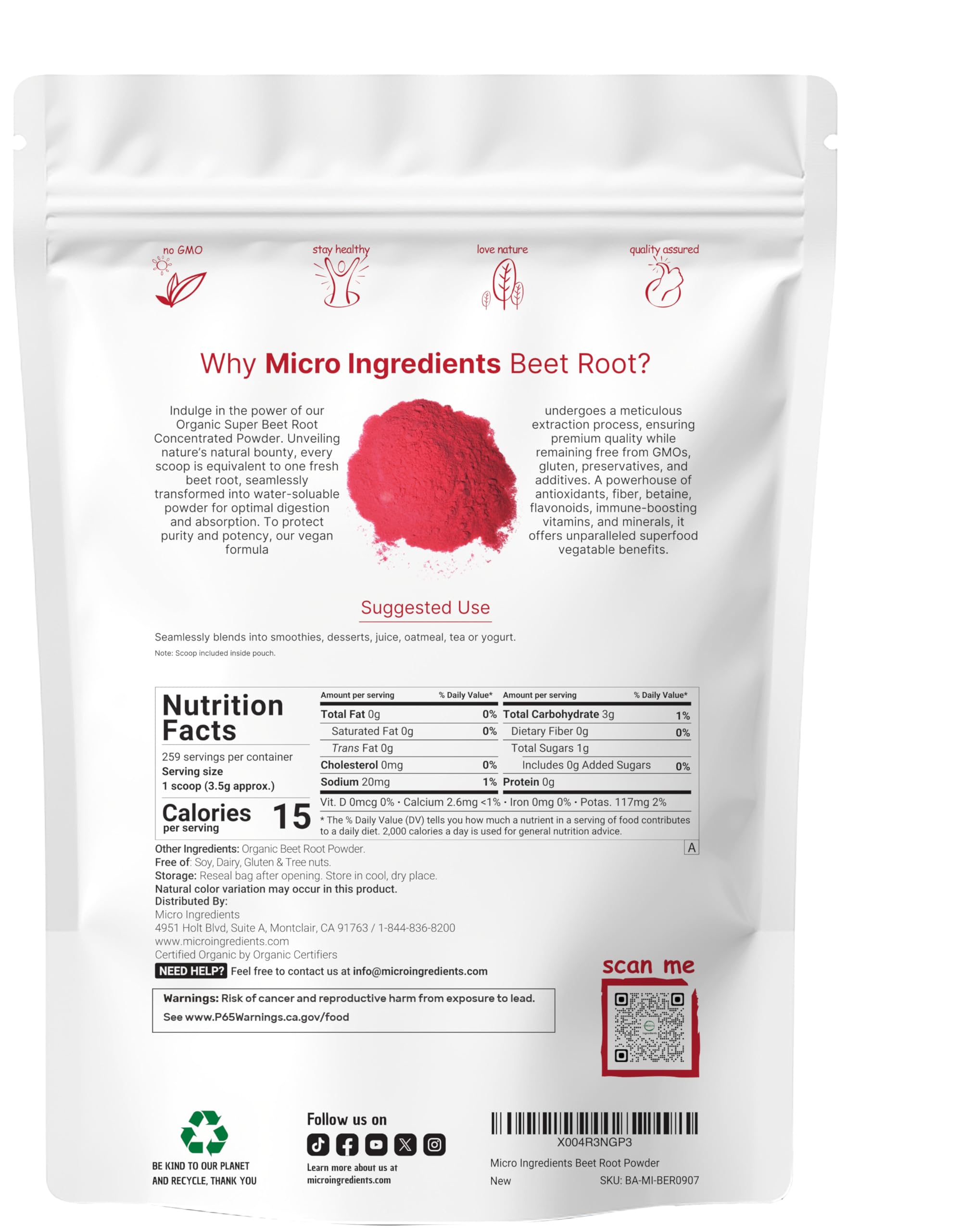 Micro Ingredients Organic Beet Root Powder 930g packaging