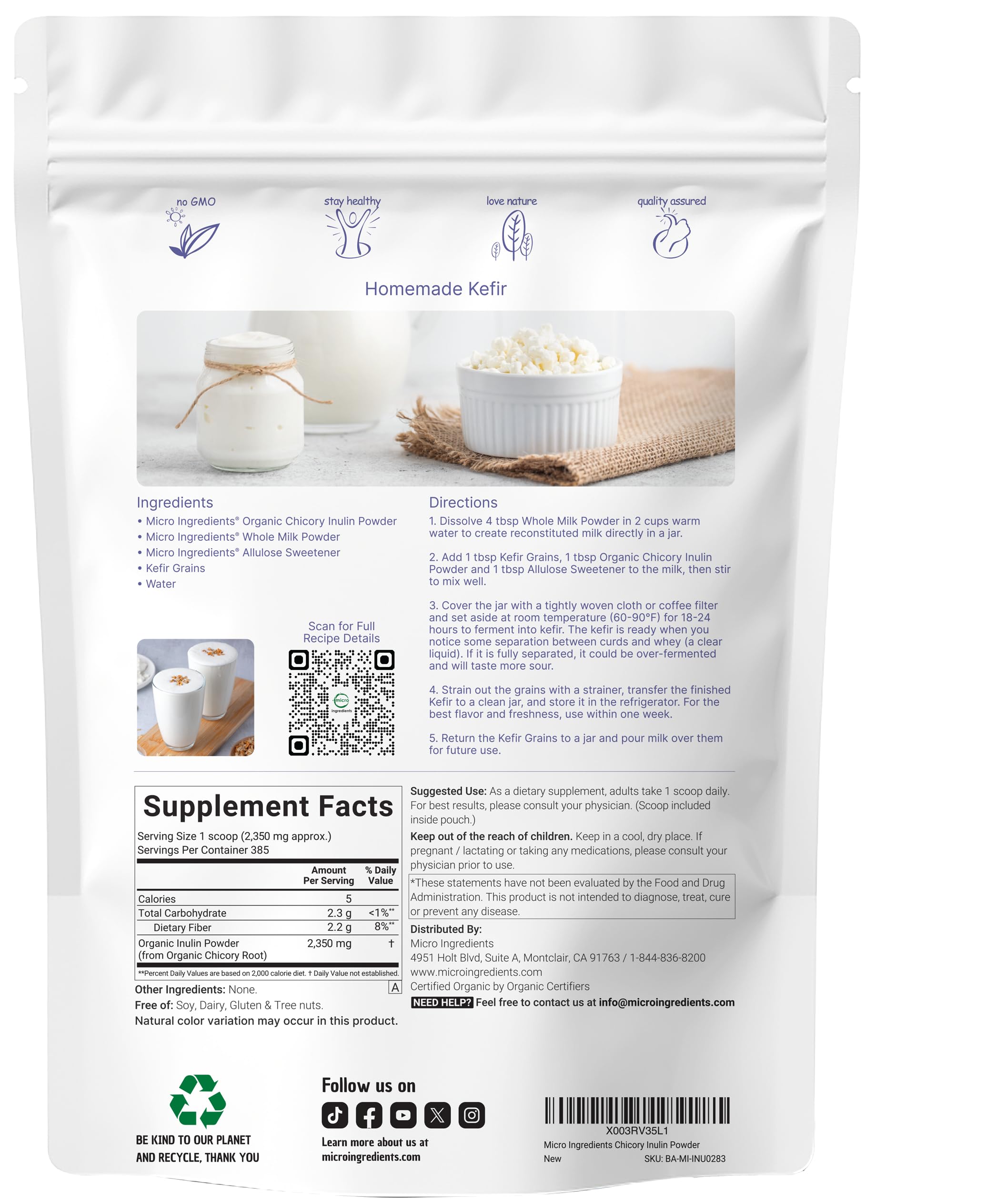Micro Ingredients Organic Chicory Root Inulin Powder scoop included