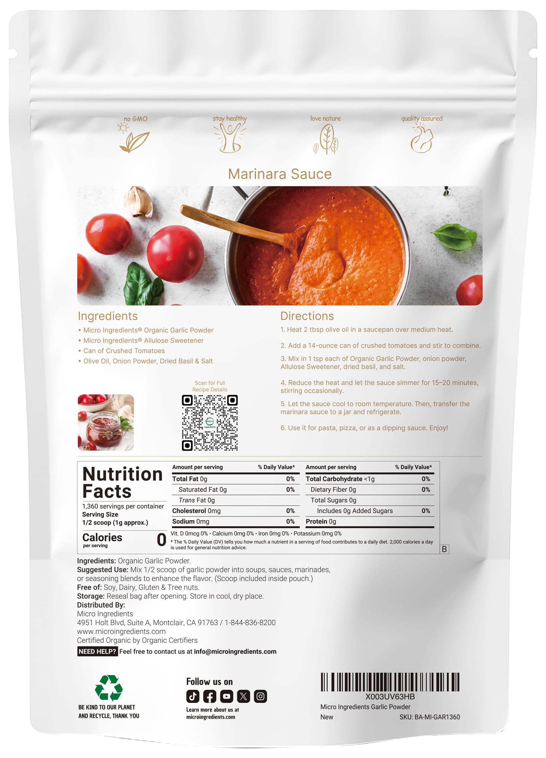Micro Ingredients Organic Garlic Powder 3lb pouch back view with nutritional information