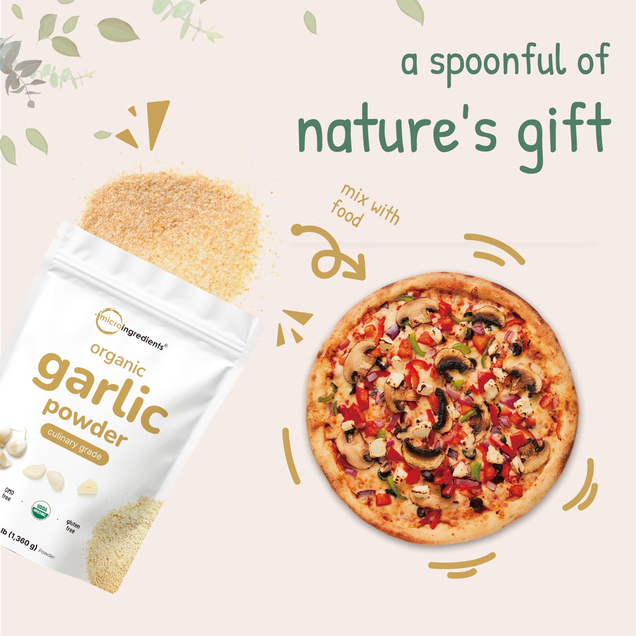 Micro Ingredients Organic Garlic Powder with herbs and spices on a kitchen counter