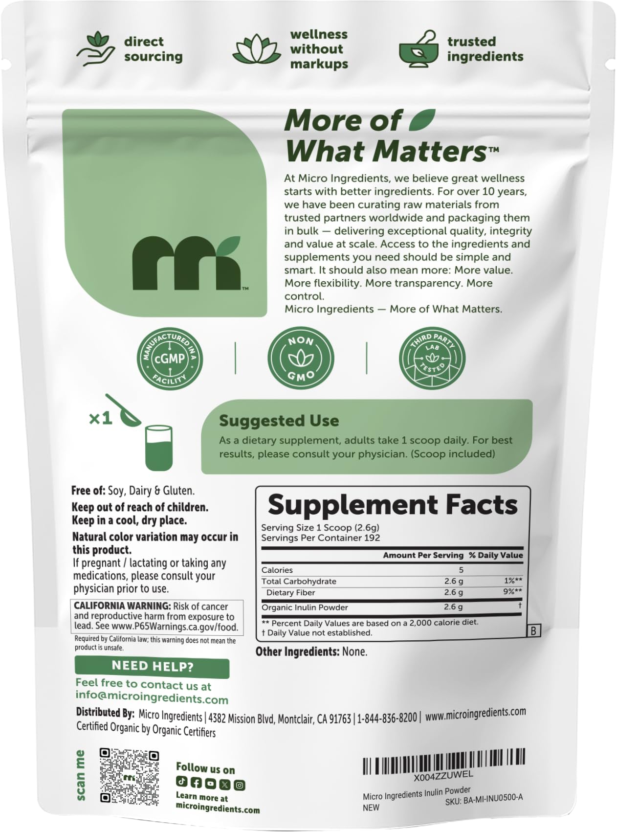 Micro Ingredients Organic Inulin Powder 500g with measuring scoop