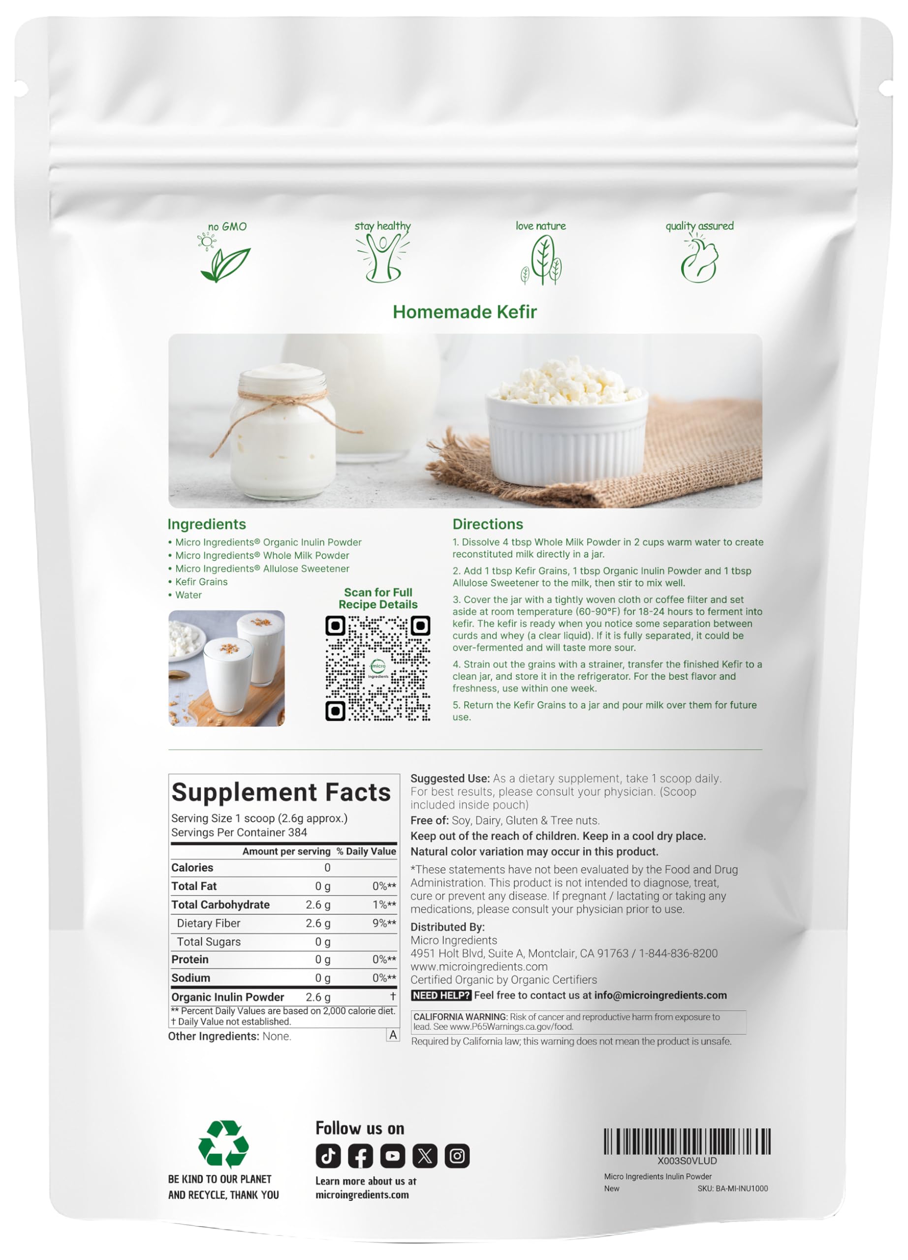 Micro Ingredients Organic Inulin Powder packaging side view