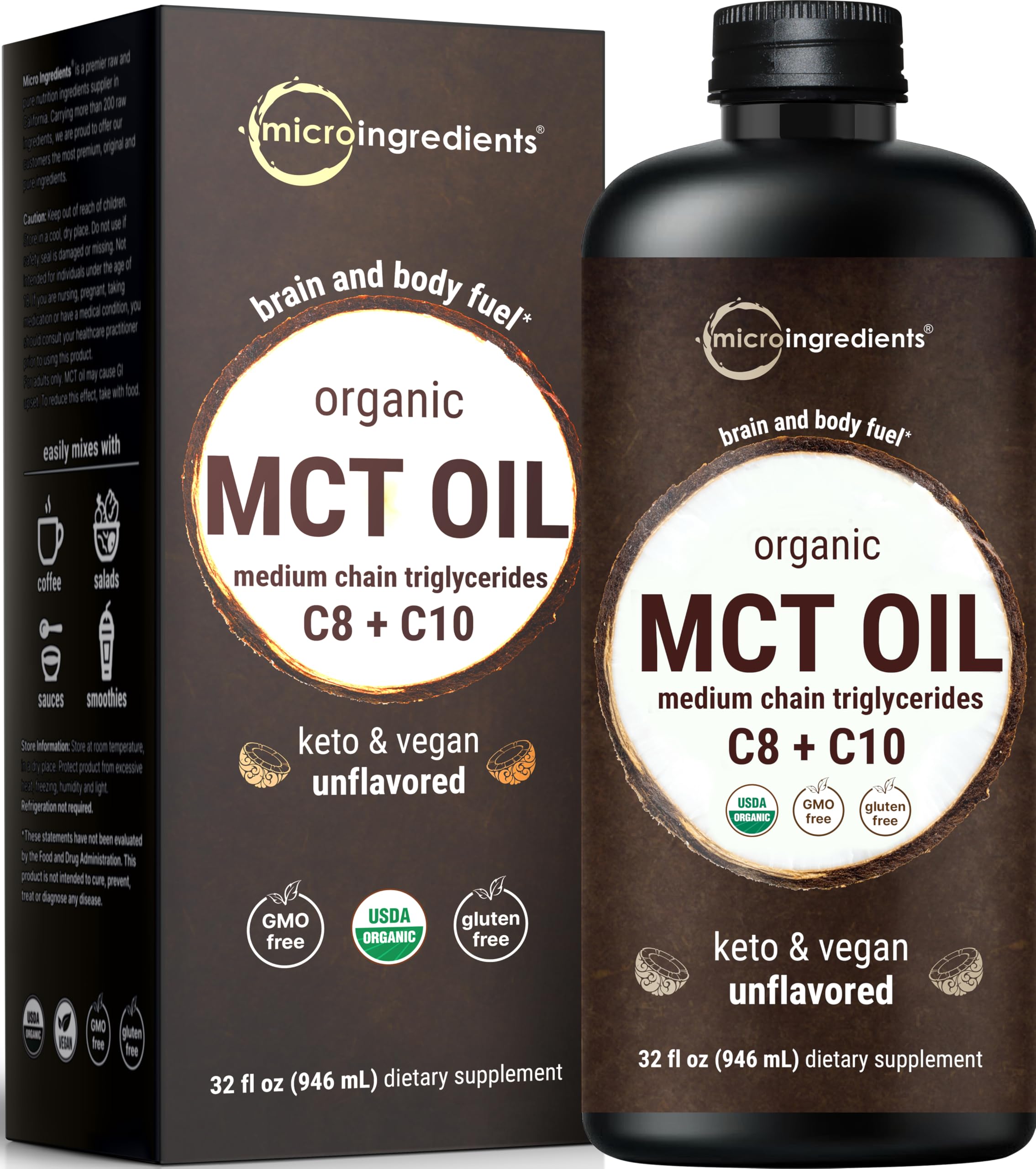 Micro Ingredients Organic MCT Oil 32 Fl Oz front view