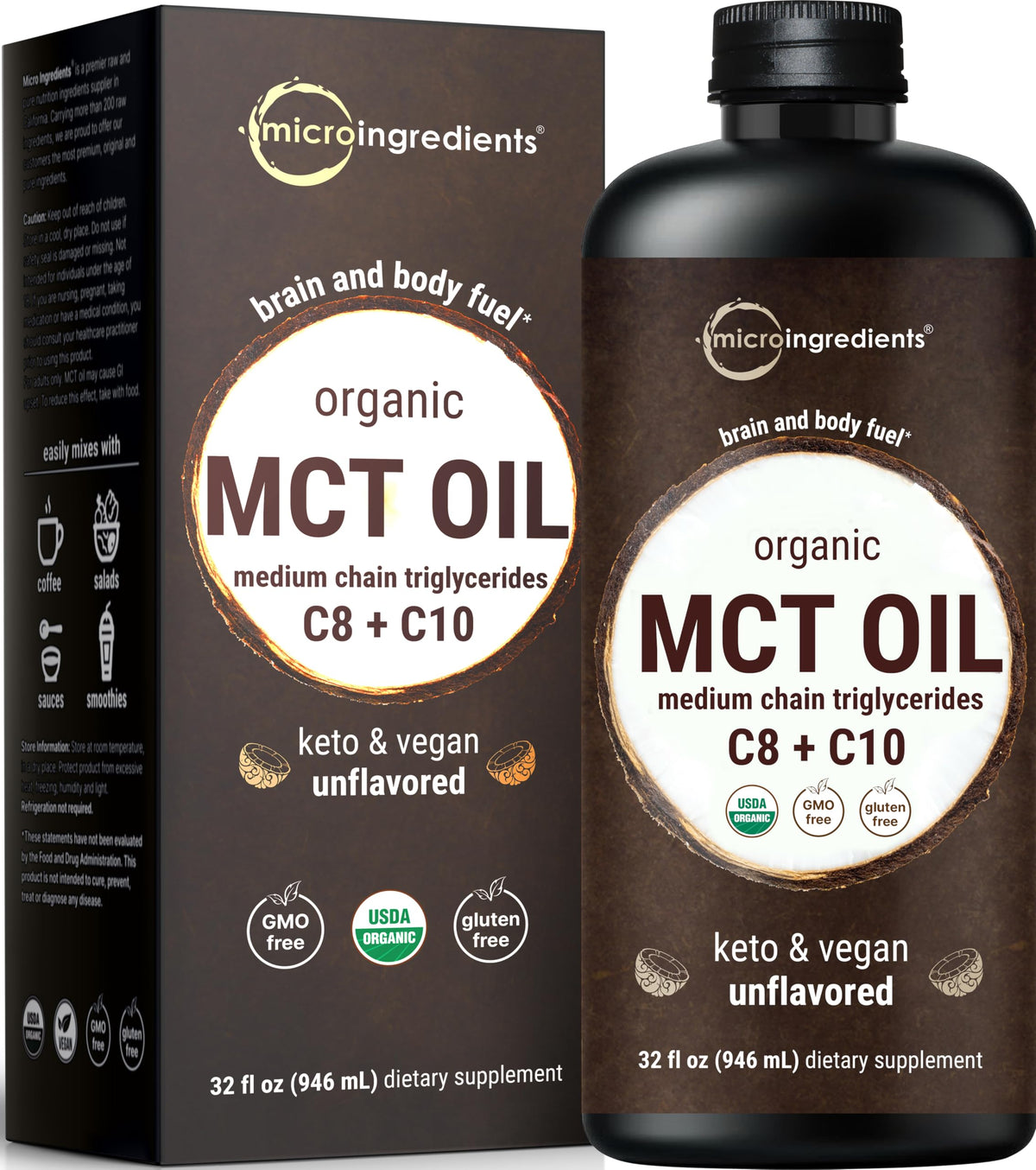 Micro Ingredients Organic MCT Oil 32 Fl Oz front view