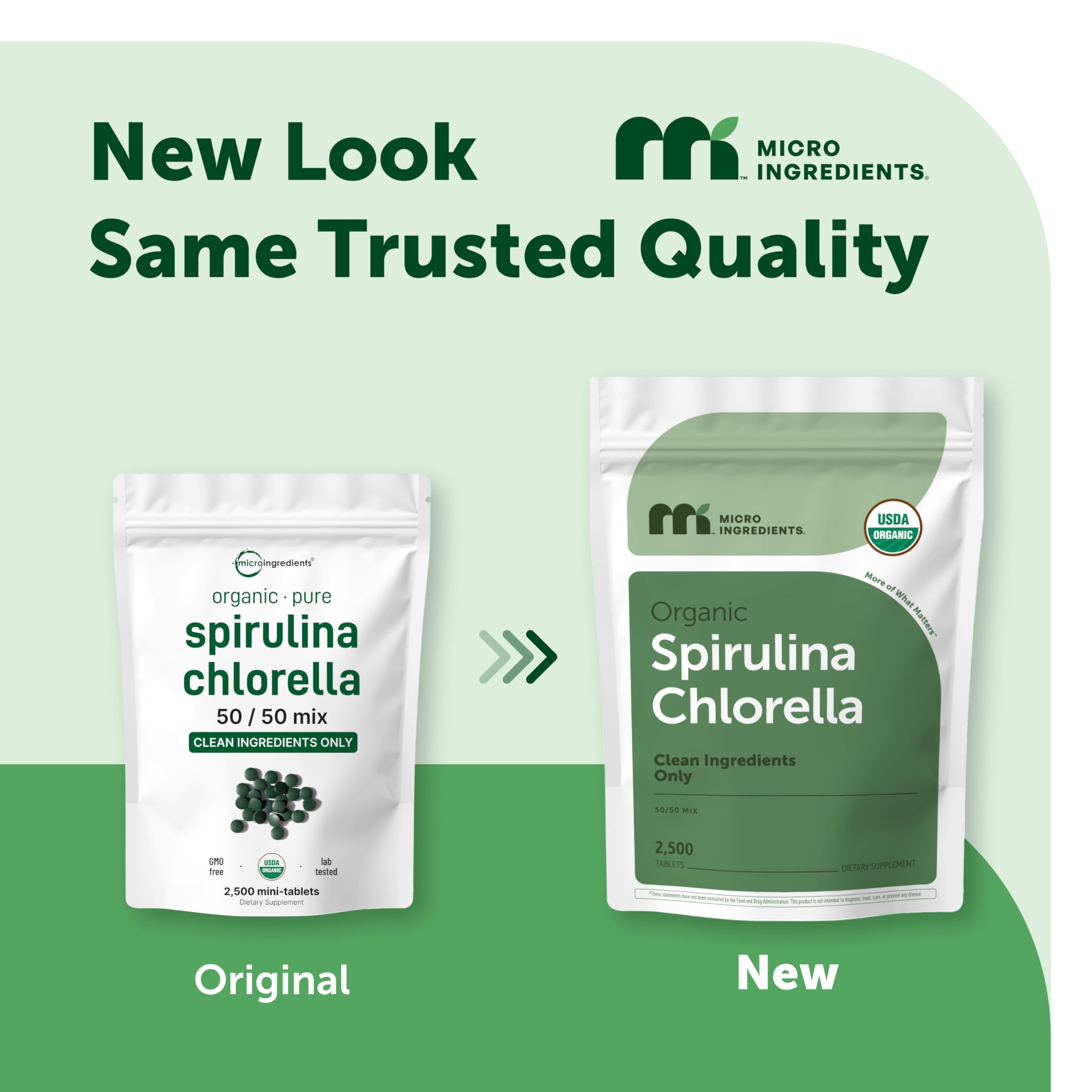 Micro Ingredients Organic Spirulina Chlorella Mini-Tablets close-up of tablets