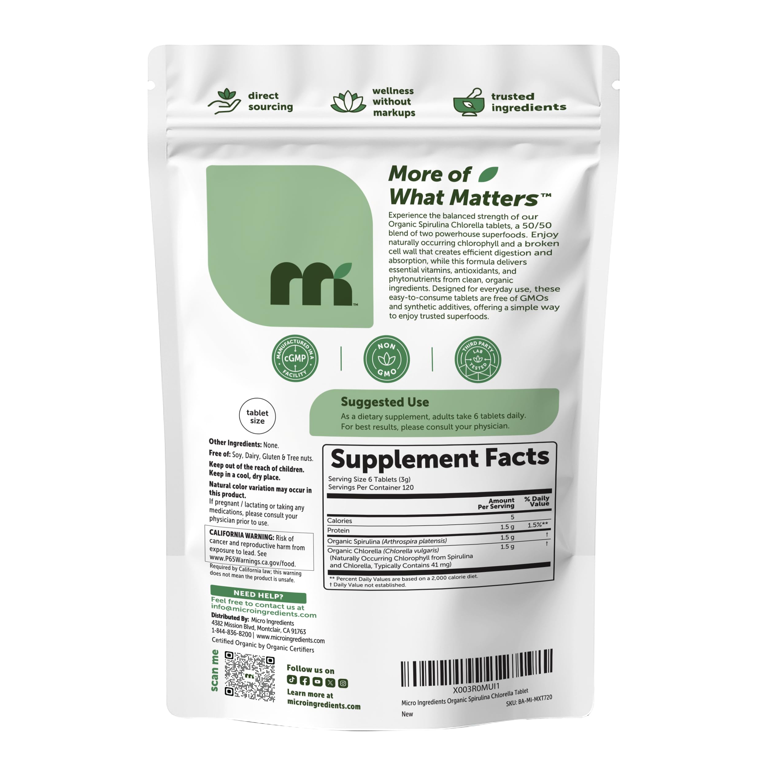 Micro Ingredients Organic Spirulina Chlorella Tablets displayed with other supplements