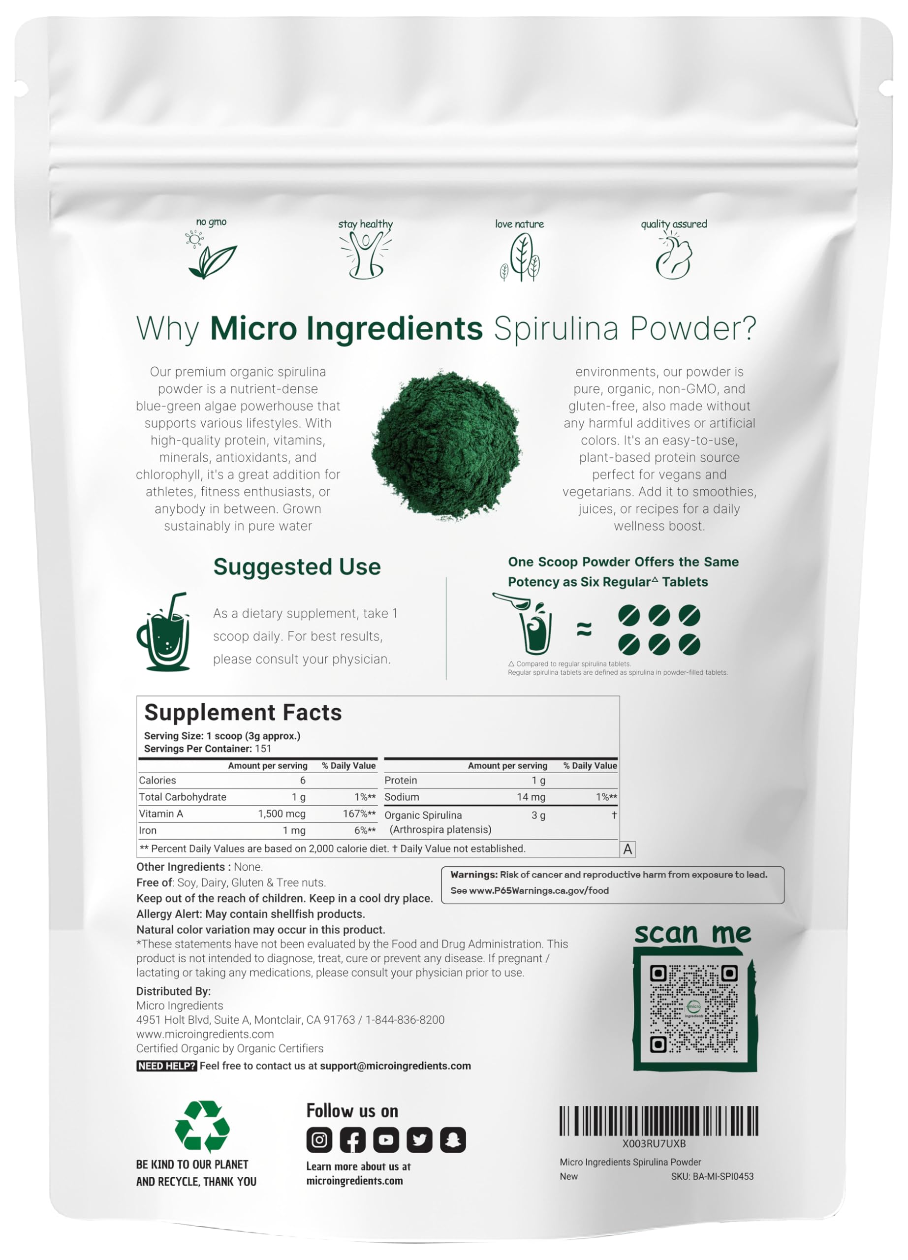 Micro Ingredients Organic Spirulina Powder 1 Pound scoop included