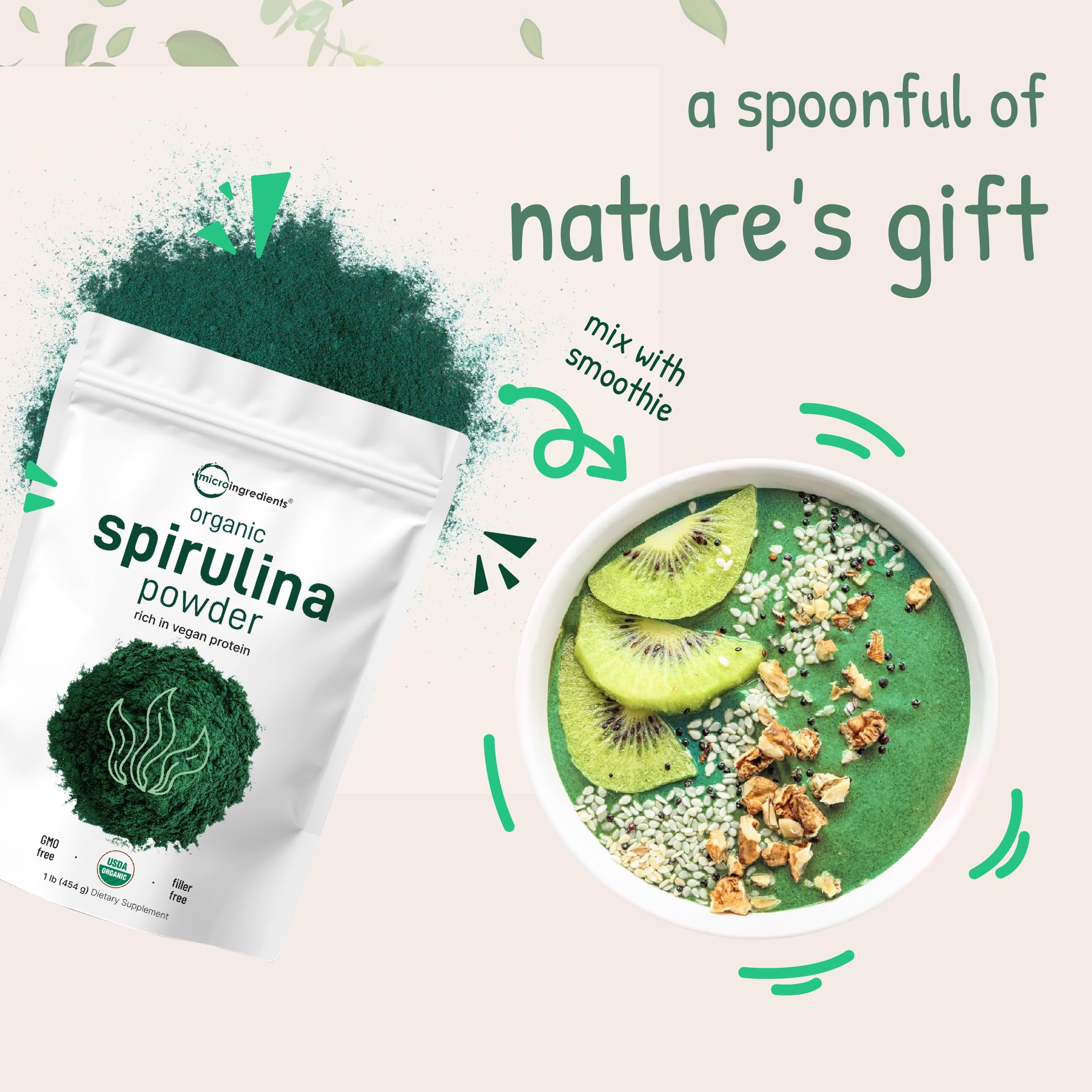 Micro Ingredients Organic Spirulina Powder 1 Pound side view packaging