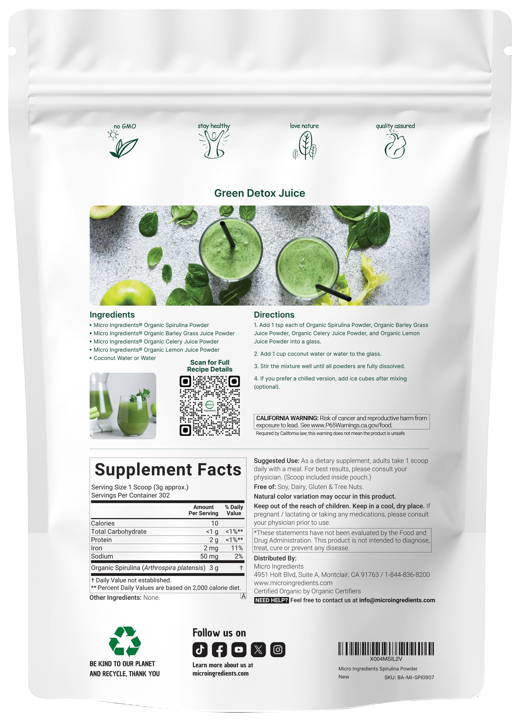 Micro Ingredients Organic Spirulina Powder 930g close-up of powder