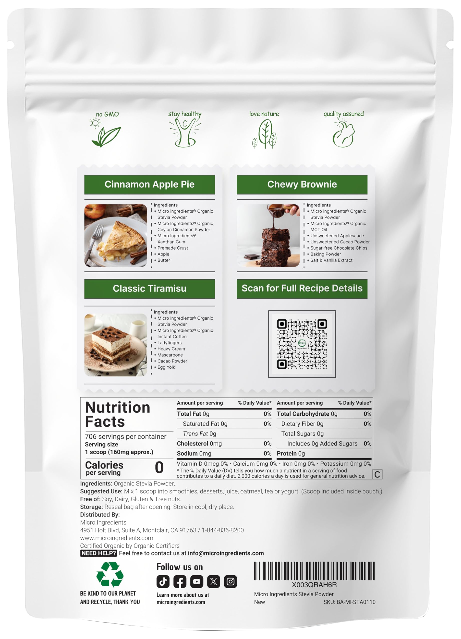 Micro Ingredients Organic Stevia Powder packaging side view