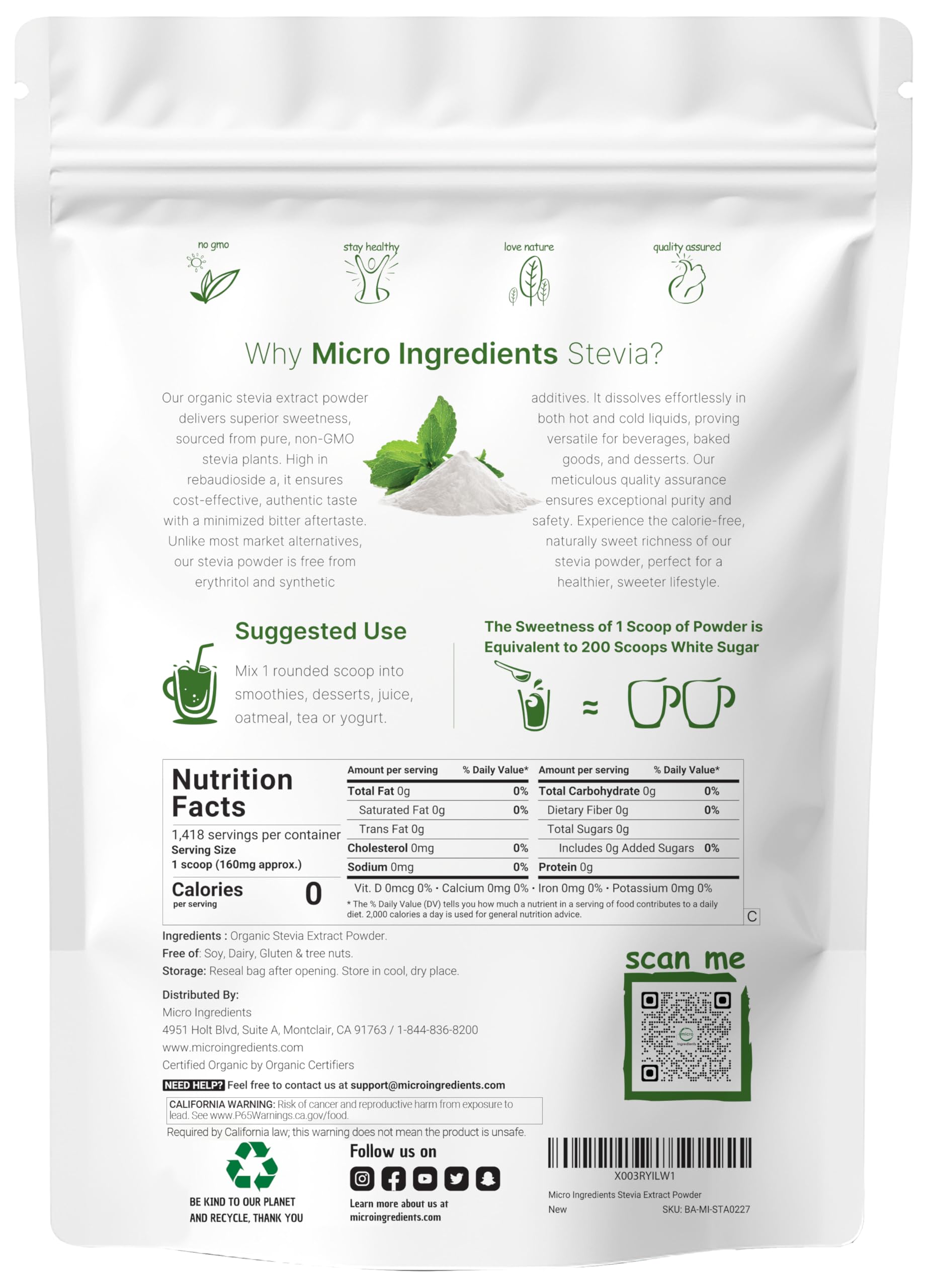 Micro Ingredients Organic Stevia Powder scoop included