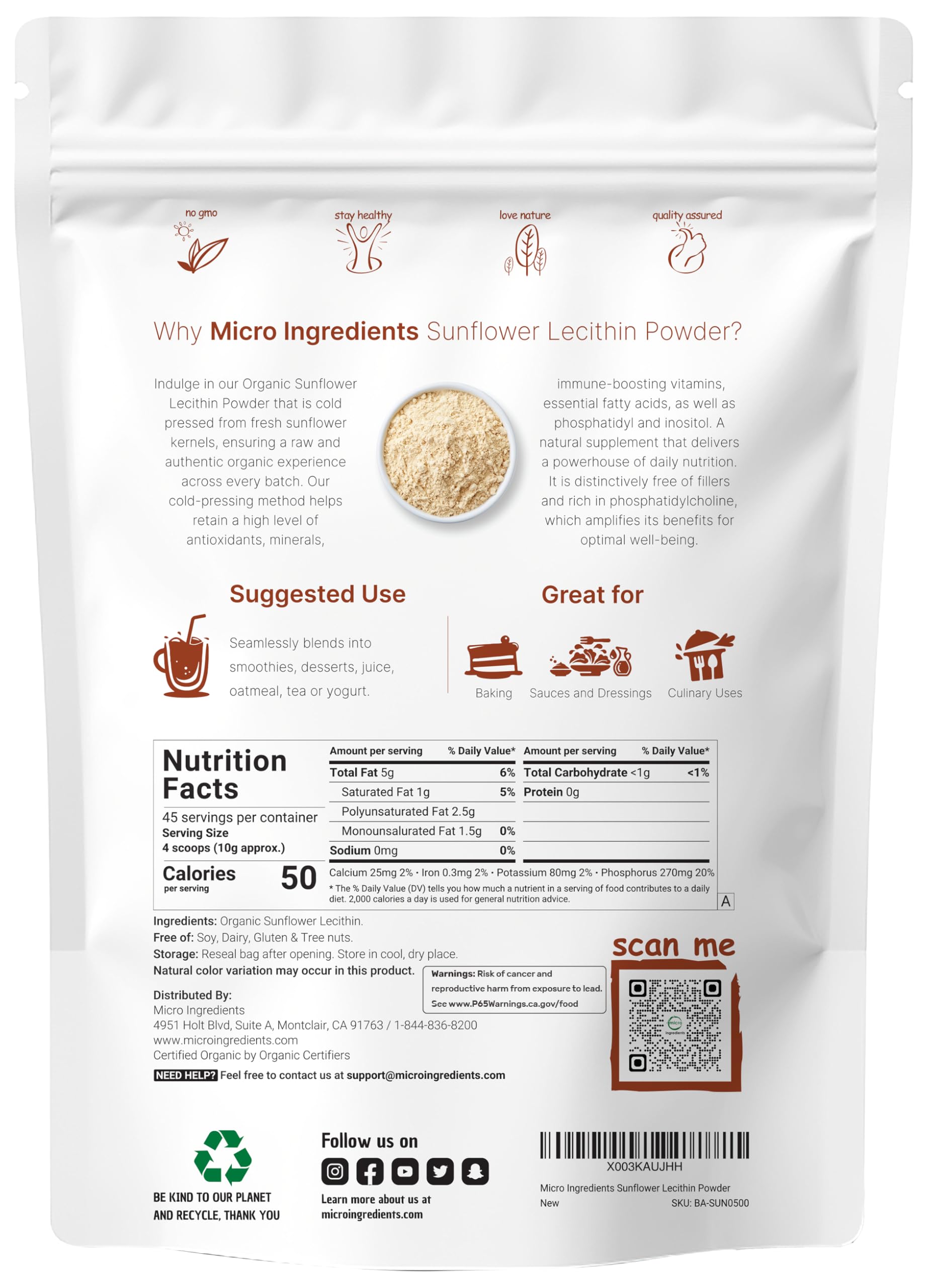 Micro Ingredients Organic Sunflower Lecithin Granules Powder packaging
