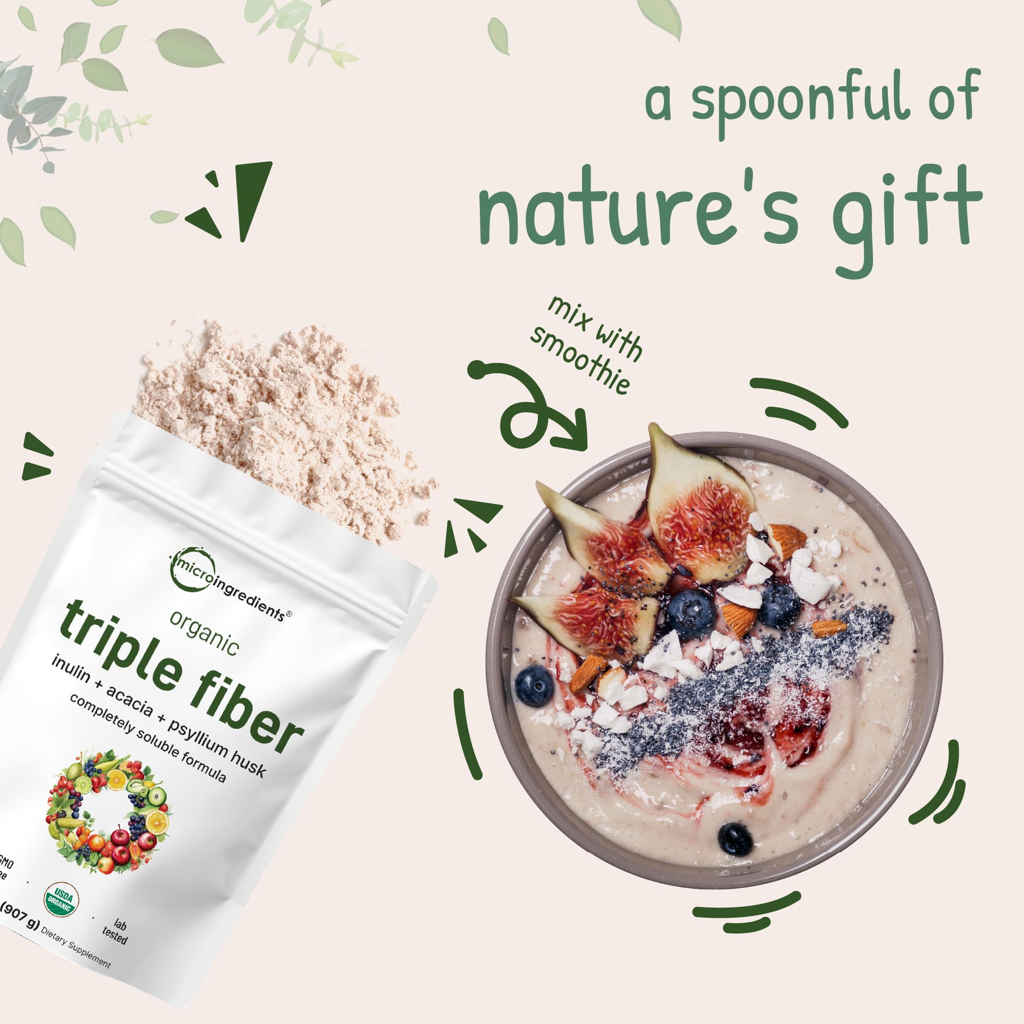 Micro Ingredients Organic Triple Soluble Fiber Powder on a kitchen countertop