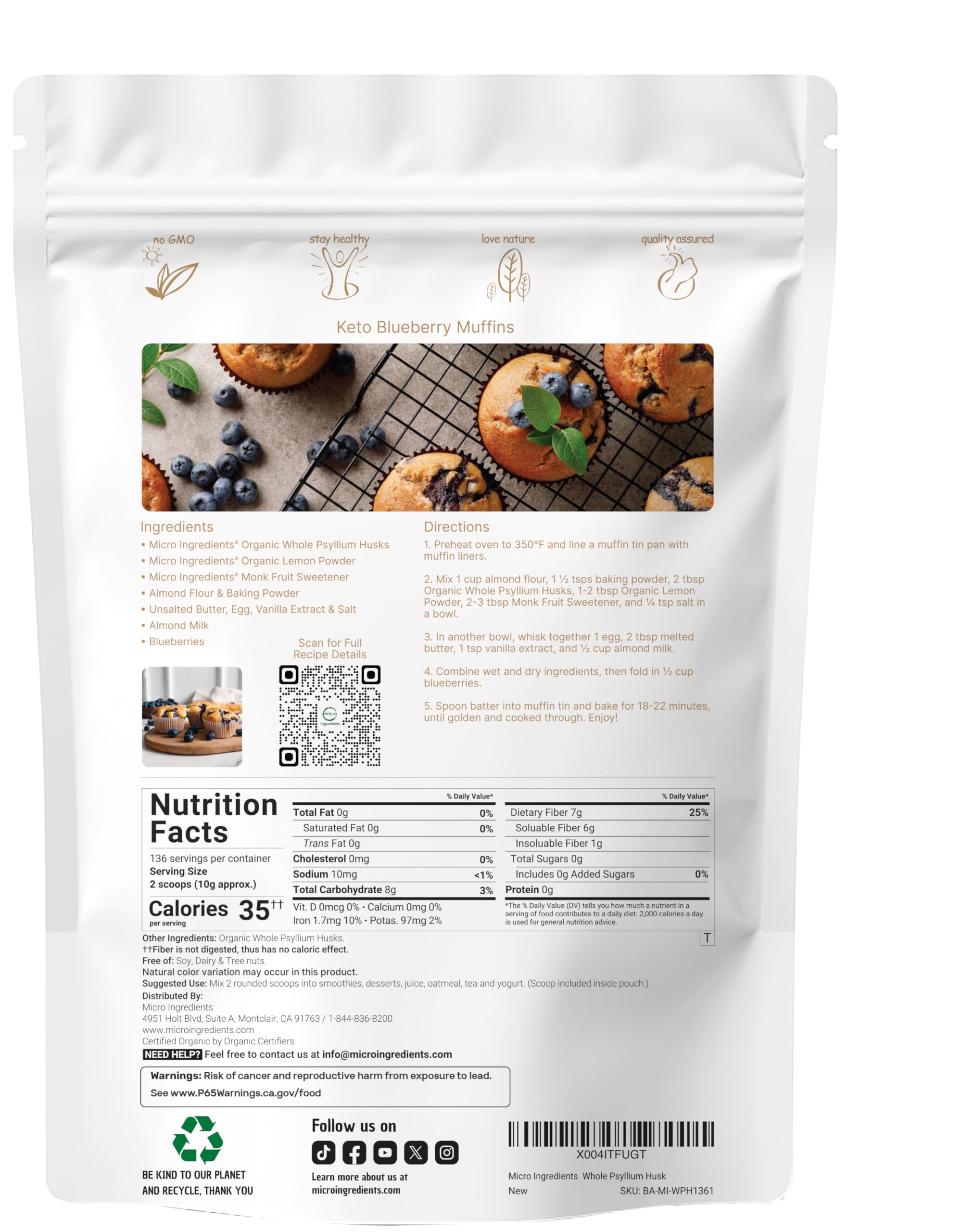 Micro Ingredients Organic Whole Psyllium Husks 1361g packaging