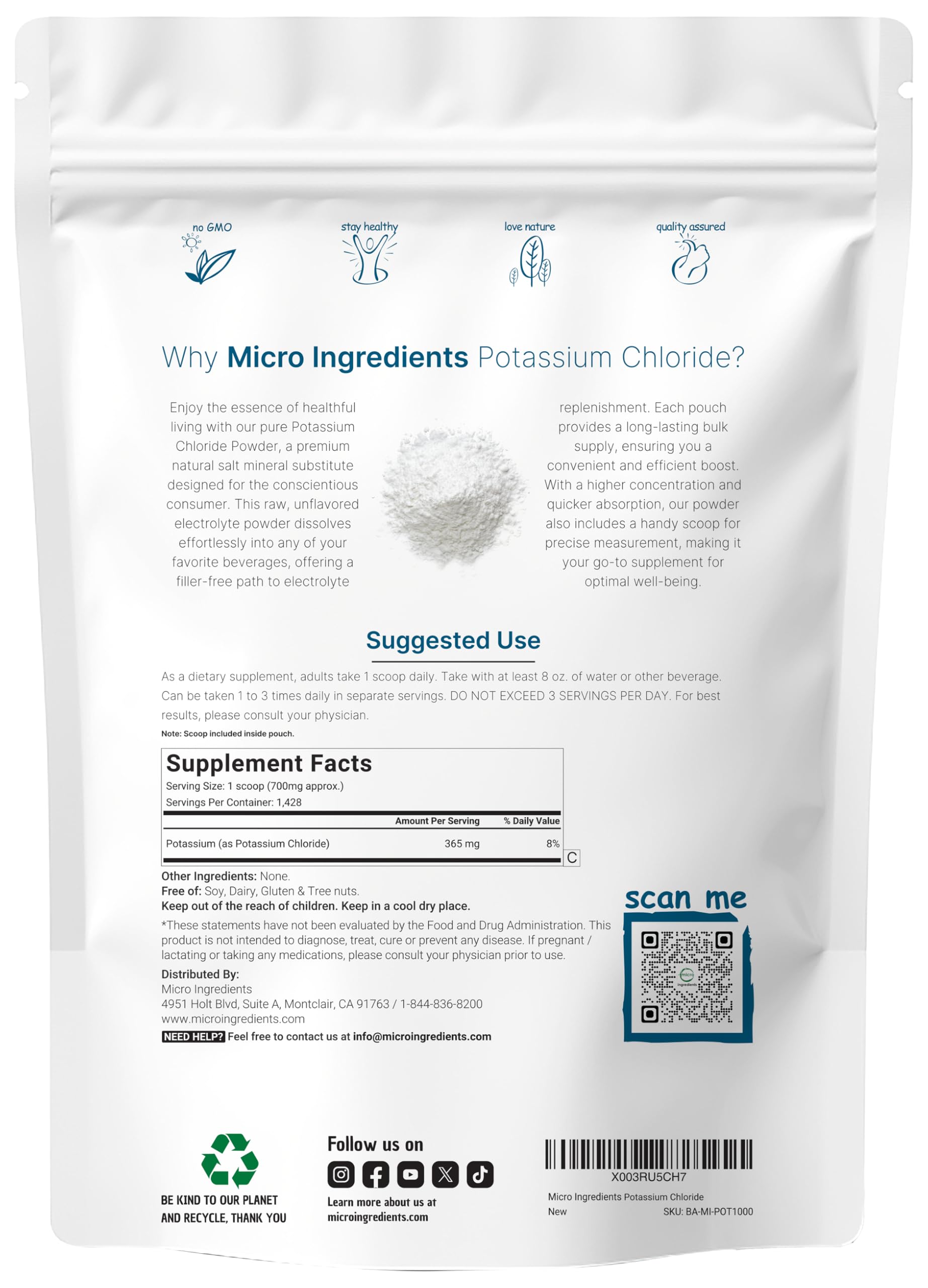 Micro Ingredients Potassium Chloride Powder 1kg back view