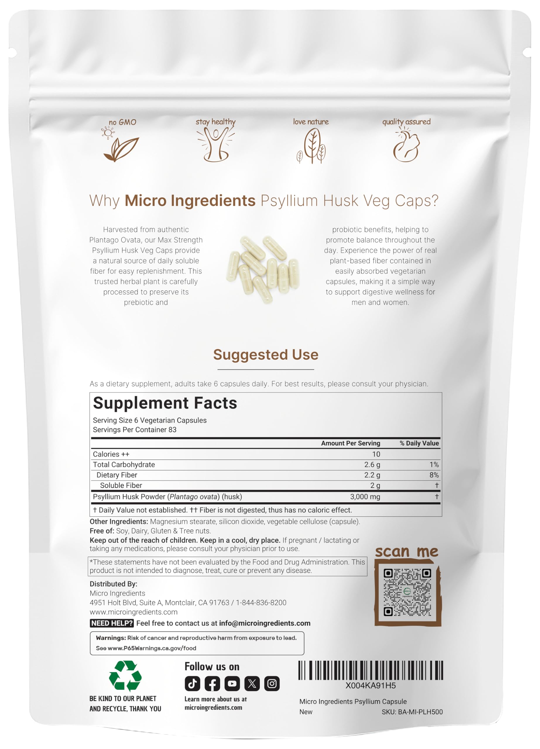 Micro Ingredients Psyllium Husk Veg Caps 3000mg side view