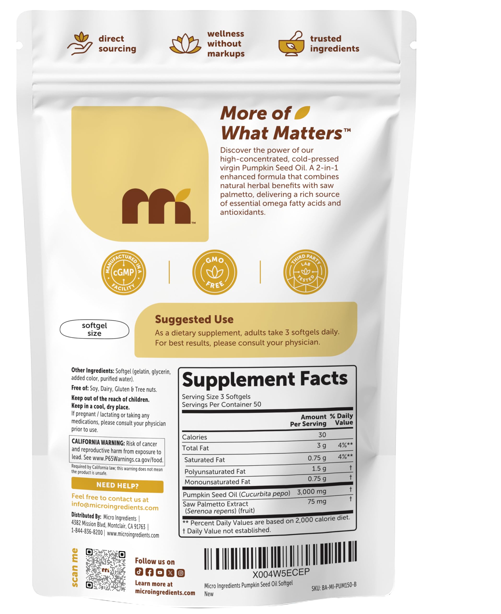 Micro Ingredients Pumpkin Seed Oil Softgels opened pouch