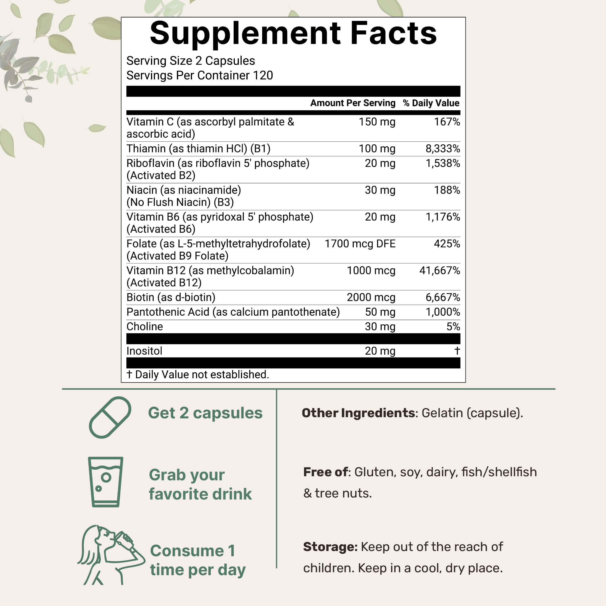 Micro Ingredients Pure Methylated B Complex 480 Capsules side view