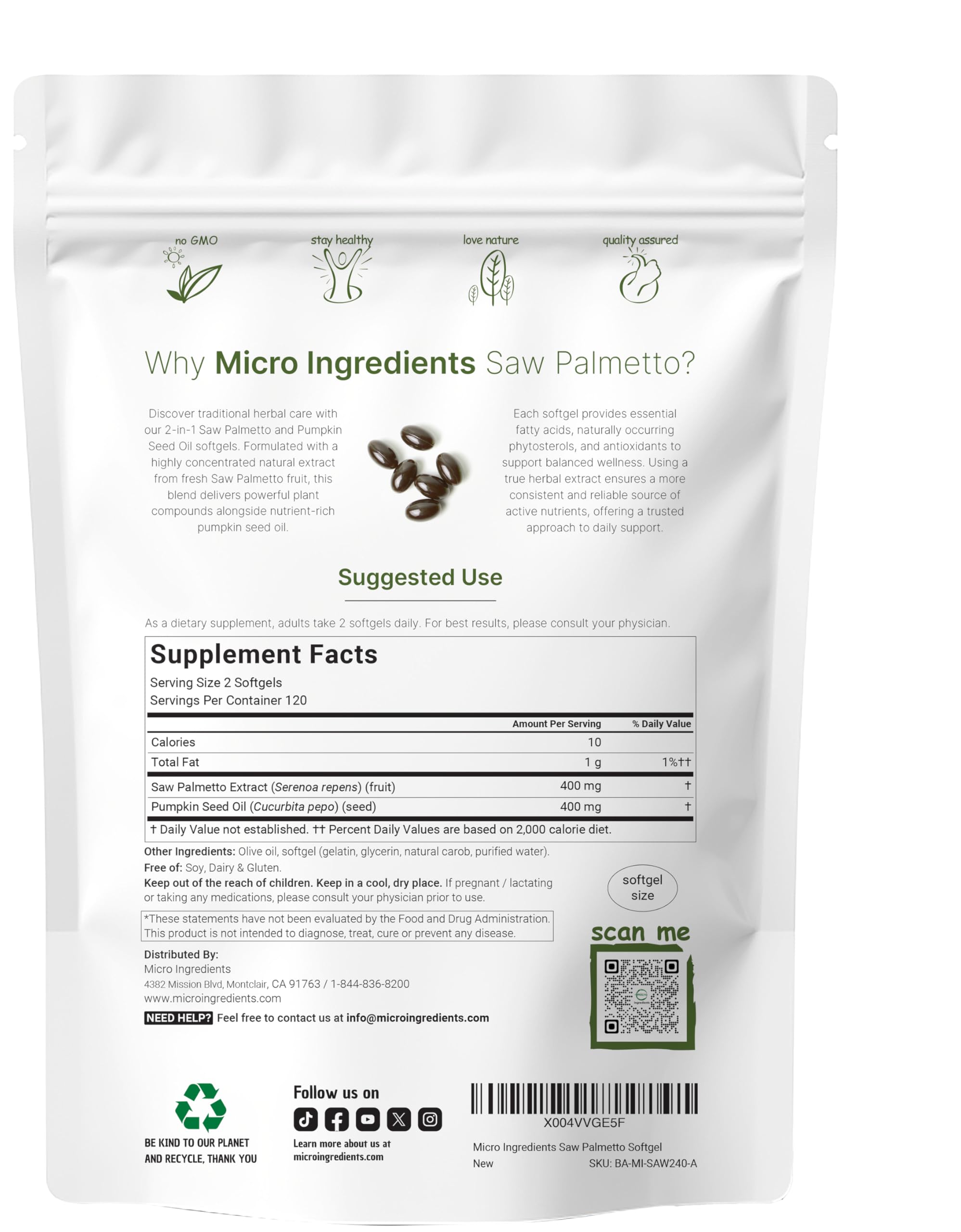 Micro Ingredients Saw Palmetto & Pumpkin Seed Oil Softgels side view