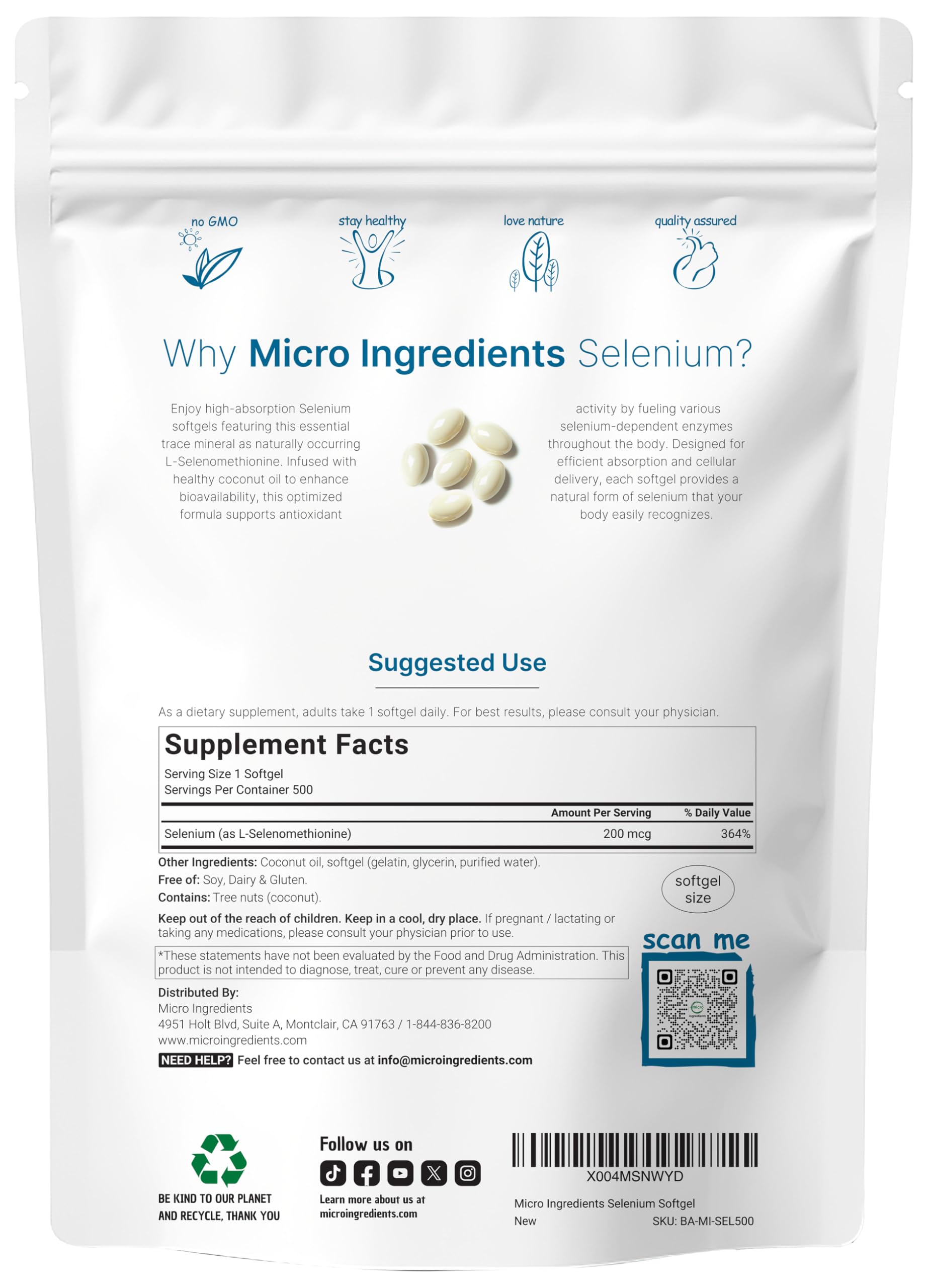 Micro Ingredients Selenium Softgels 200 mcg back view with nutritional information