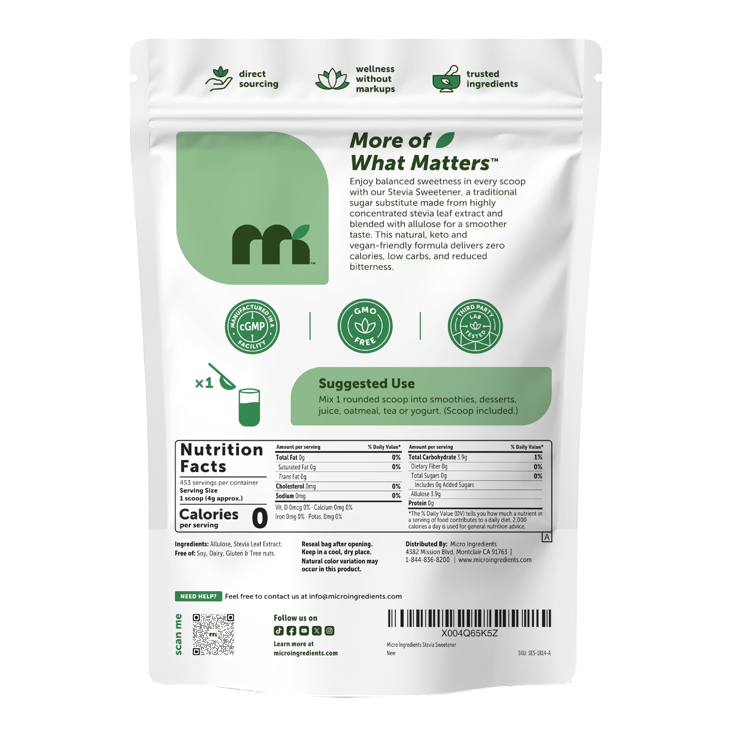 Micro Ingredients Stevia Sugar Substitute ingredients list close-up