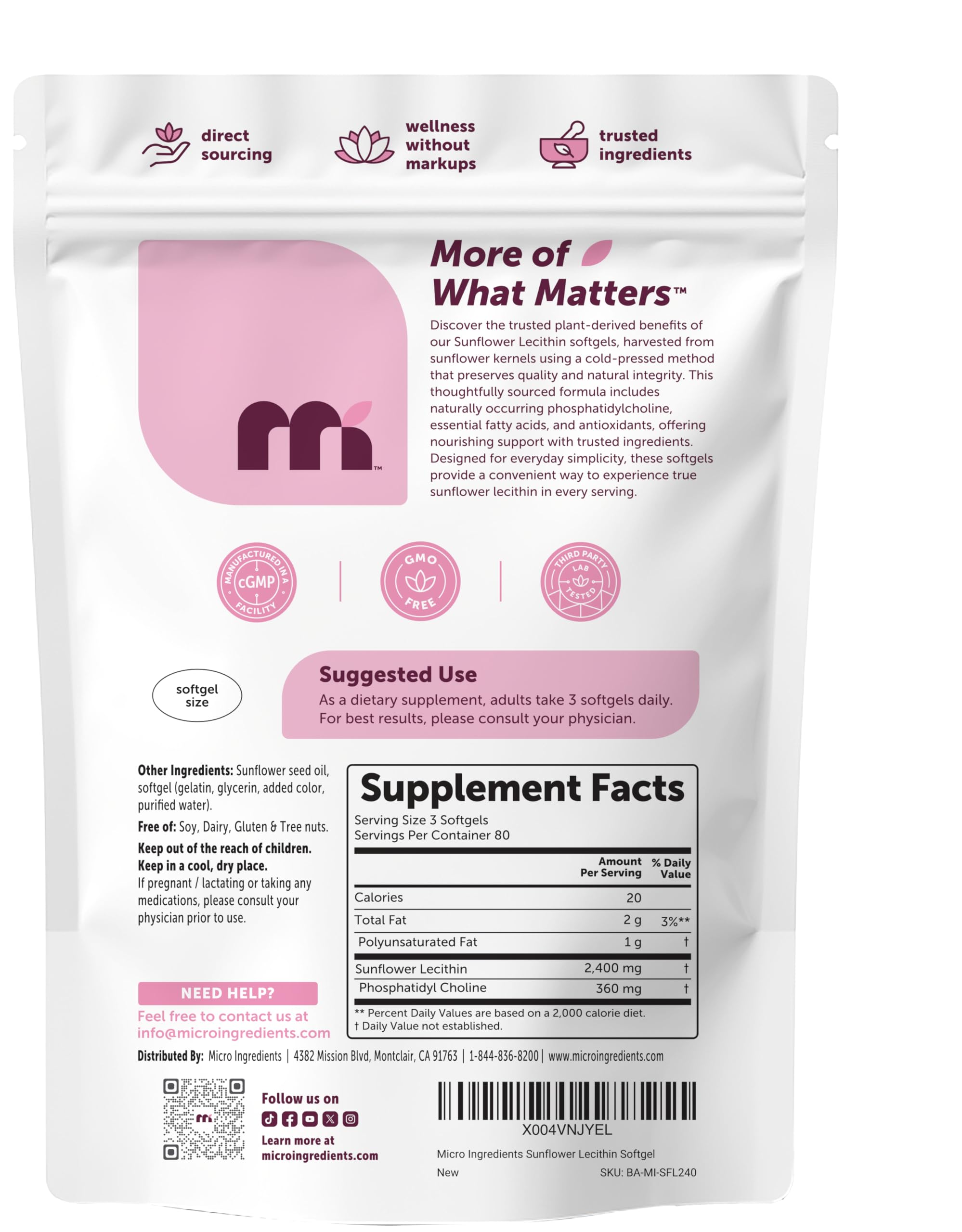 Micro Ingredients Sunflower Lecithin Softgels 2400mg side view with softgel details
