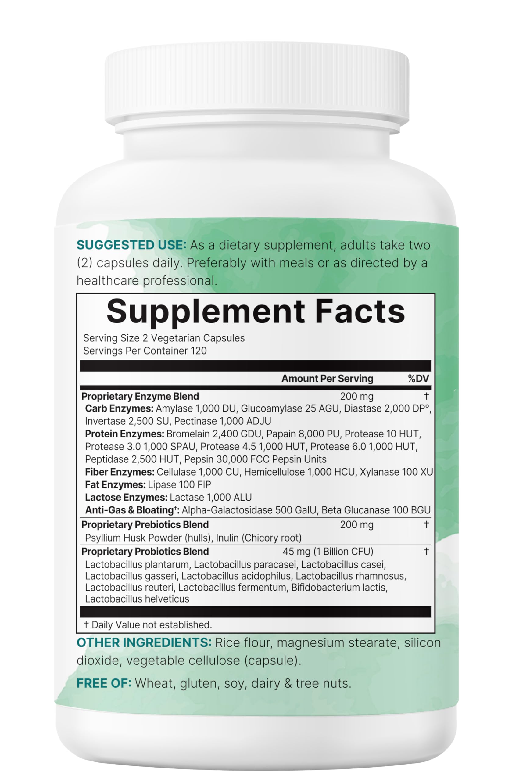 Micro Ingredients Super Enzymes+ bottle with a fresh green leaf background