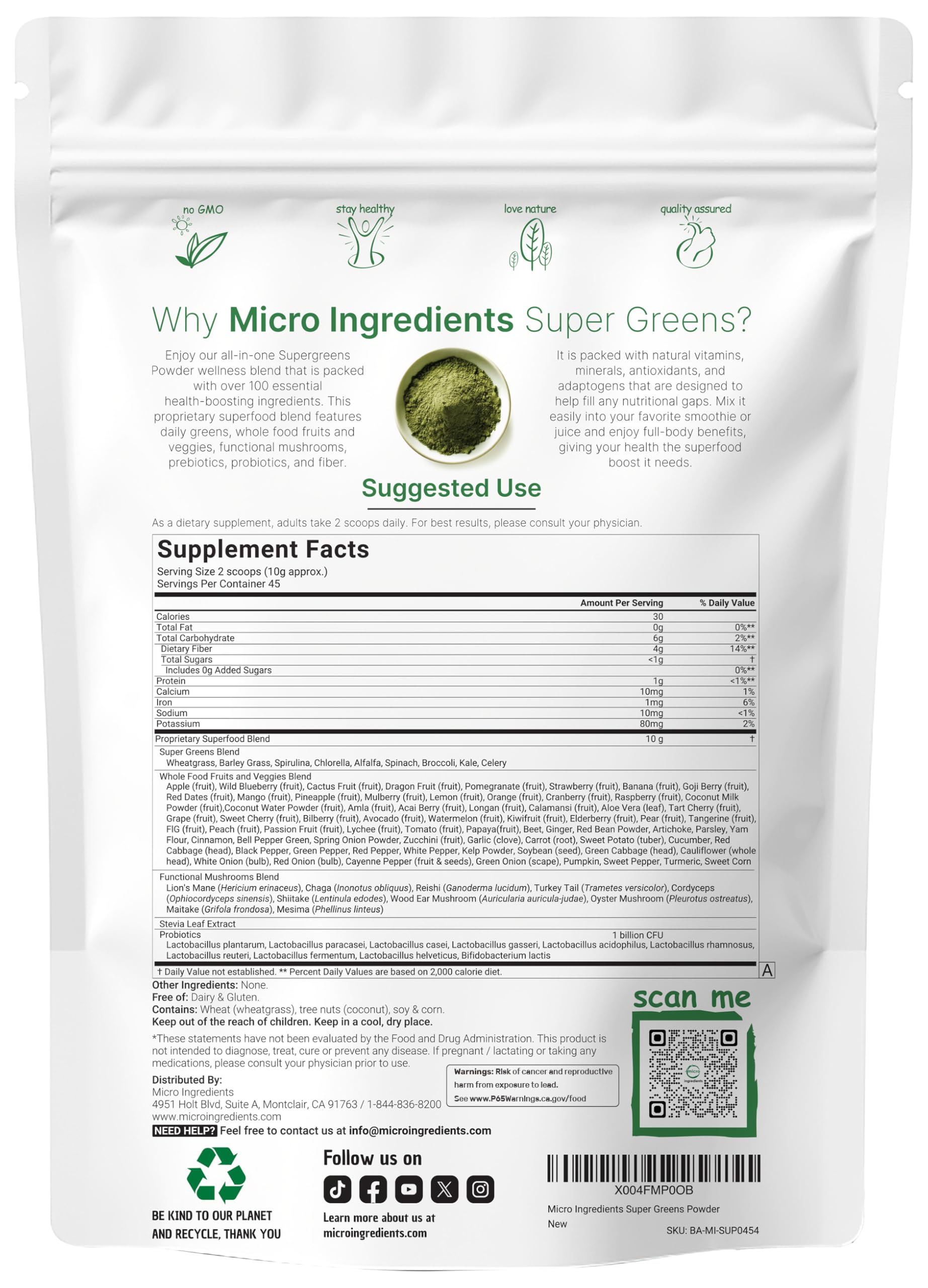 Micro Ingredients Super Greens Powder 470g back view with nutritional information