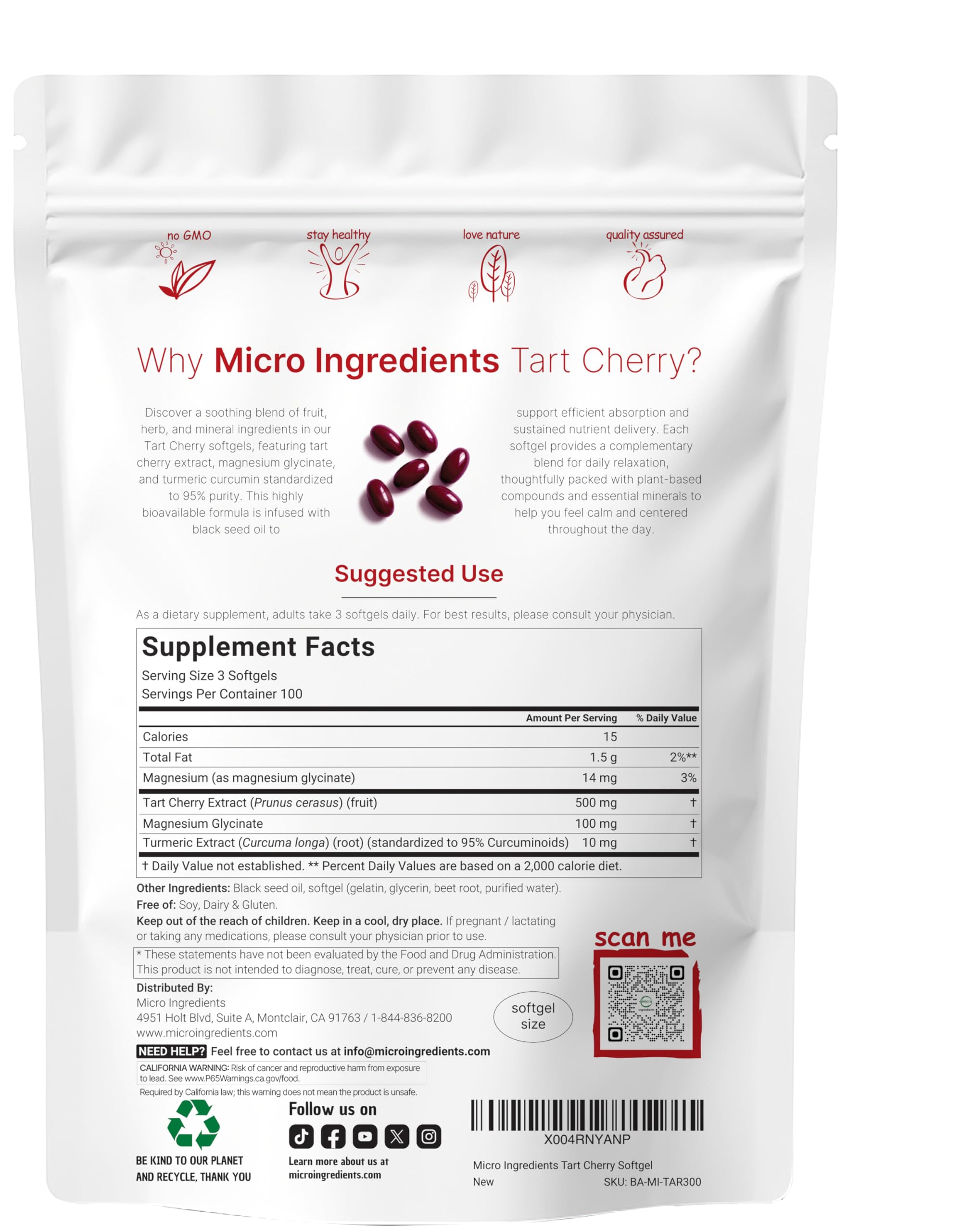 Micro Ingredients Tart Cherry+ Softgels packaging side view