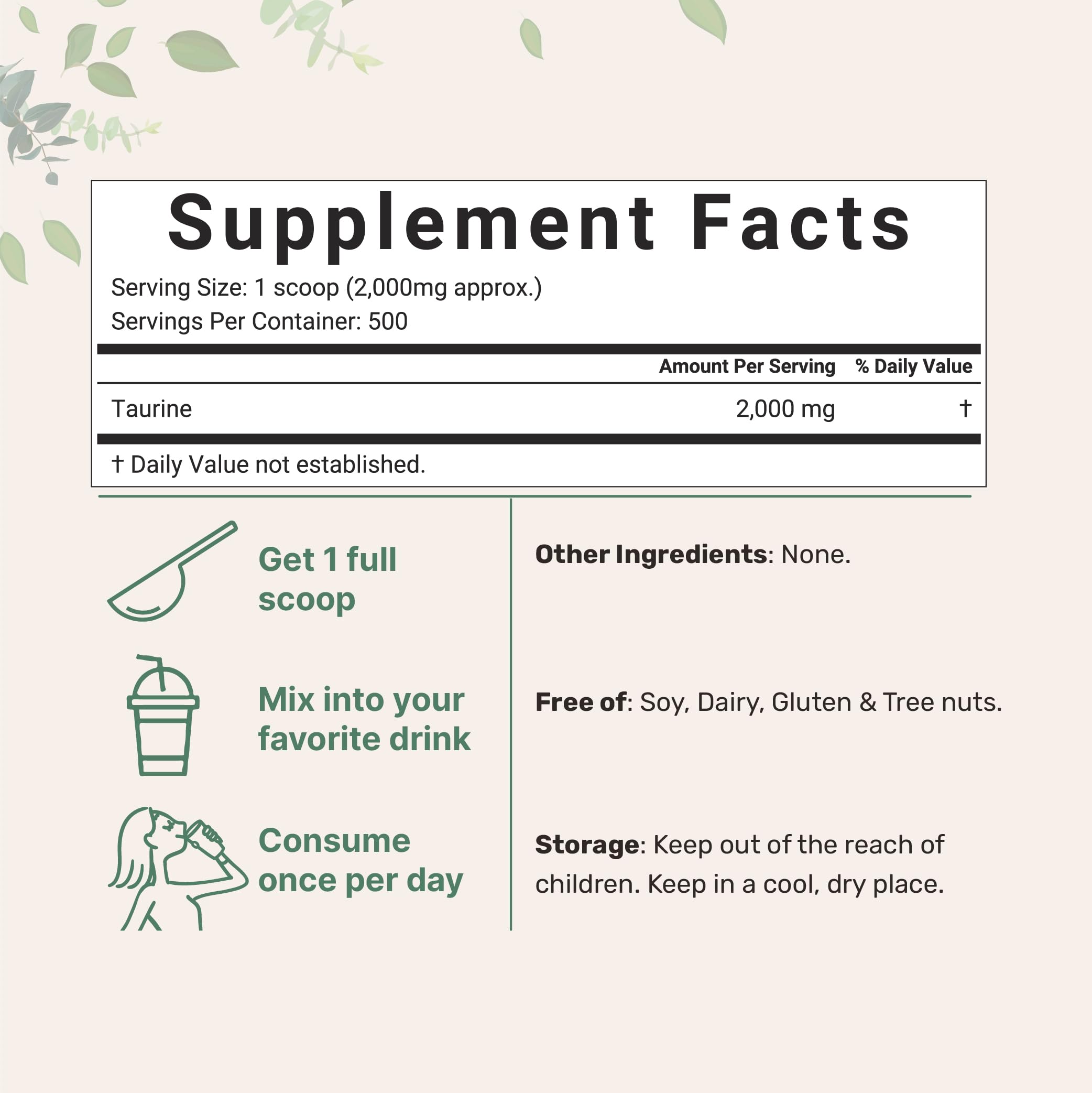 Micro Ingredients Taurine Powder 1kg pouch back view with nutritional information