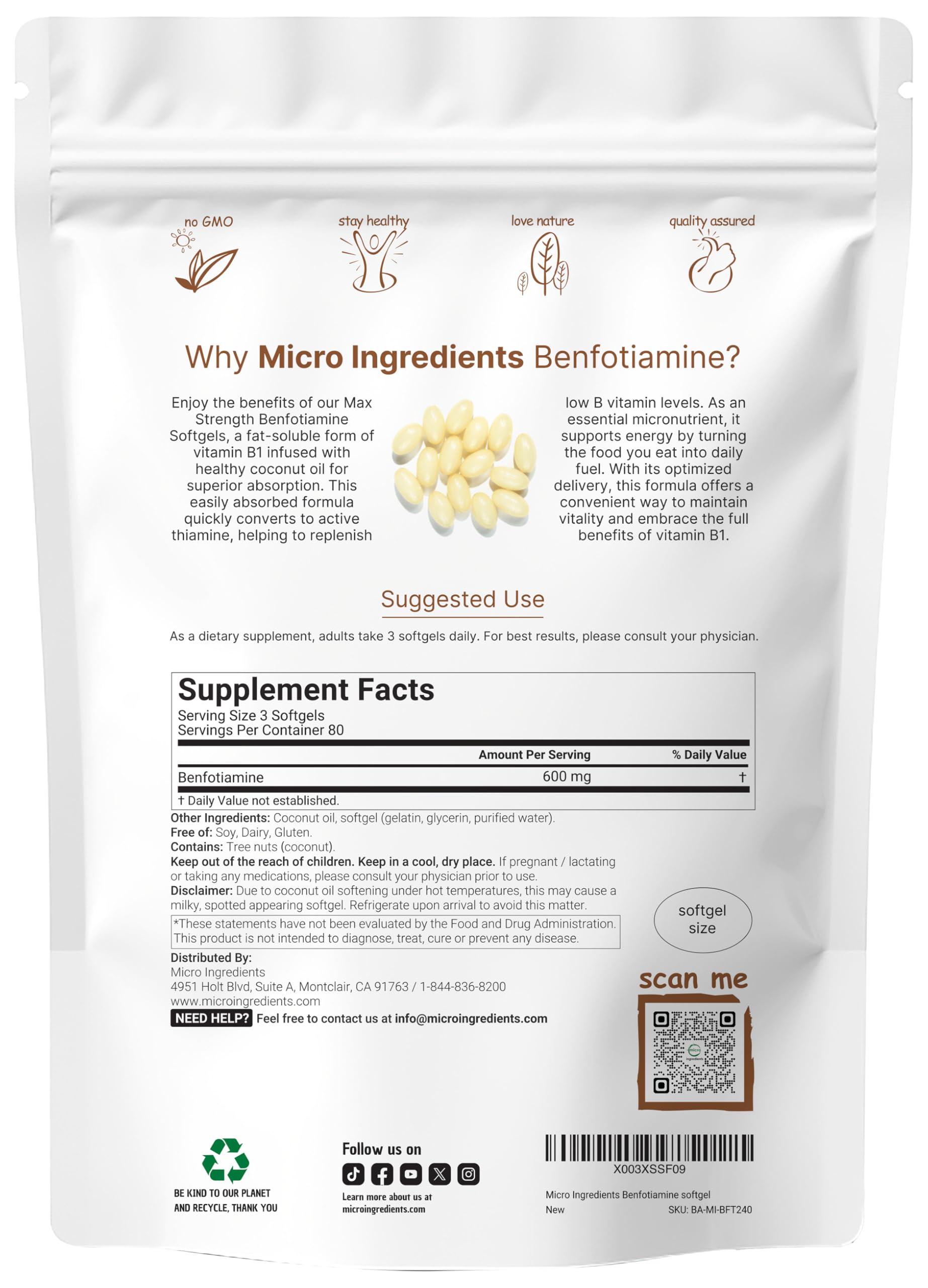 Micro Ingredients Vitamin B1 Benfotiamine Softgels 240 count packaging