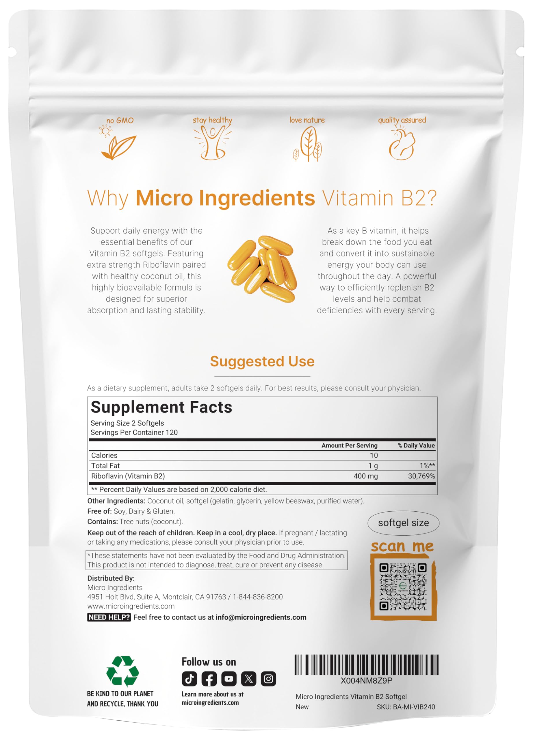 Micro Ingredients Vitamin B2 Riboflavin Softgels 240 count packaging