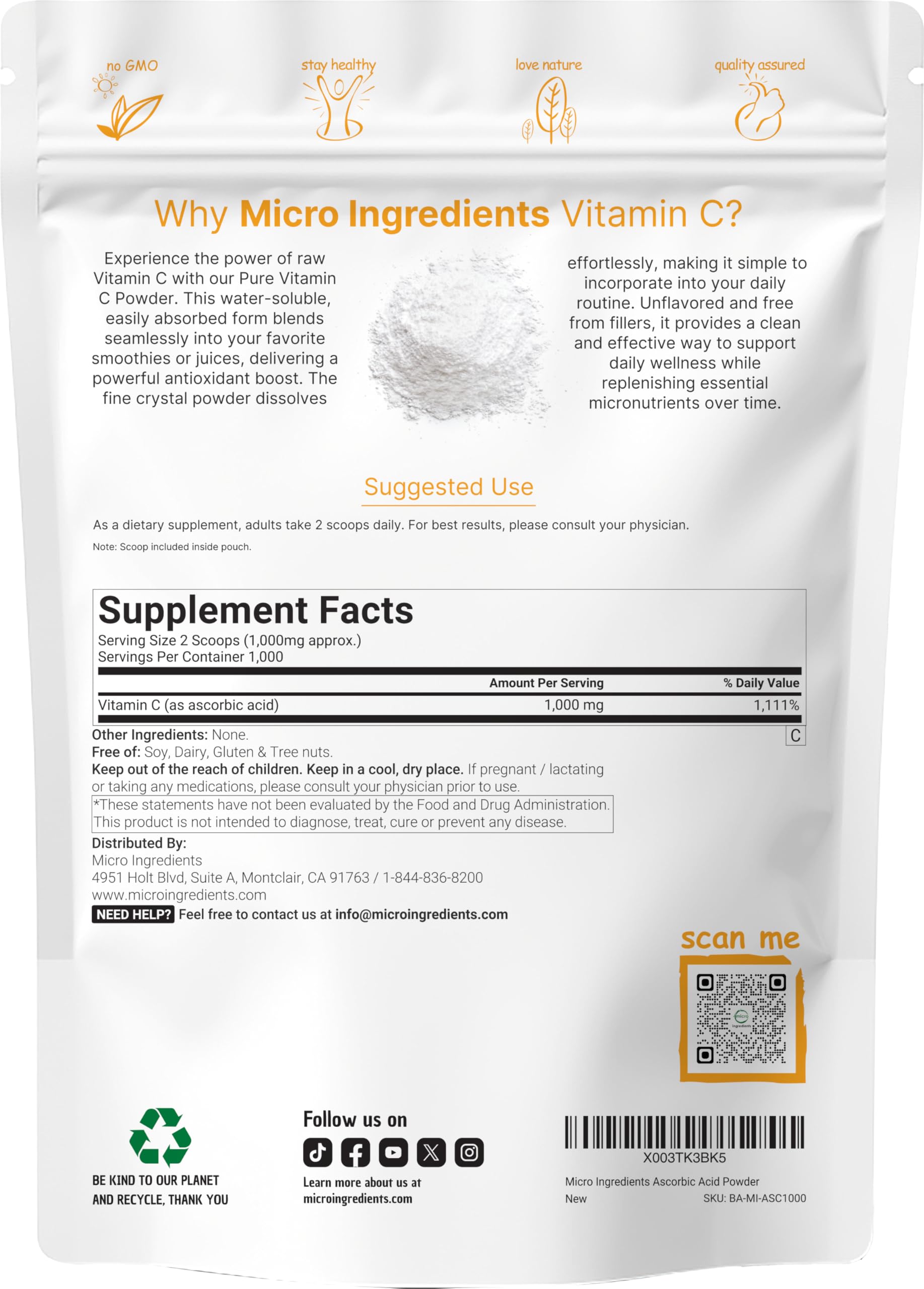 Micro Ingredients Vitamin C Powder packaging side view