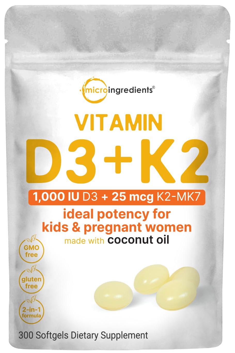 Micro Ingredients Vitamin D3 + K2 coconut oil softgels front view