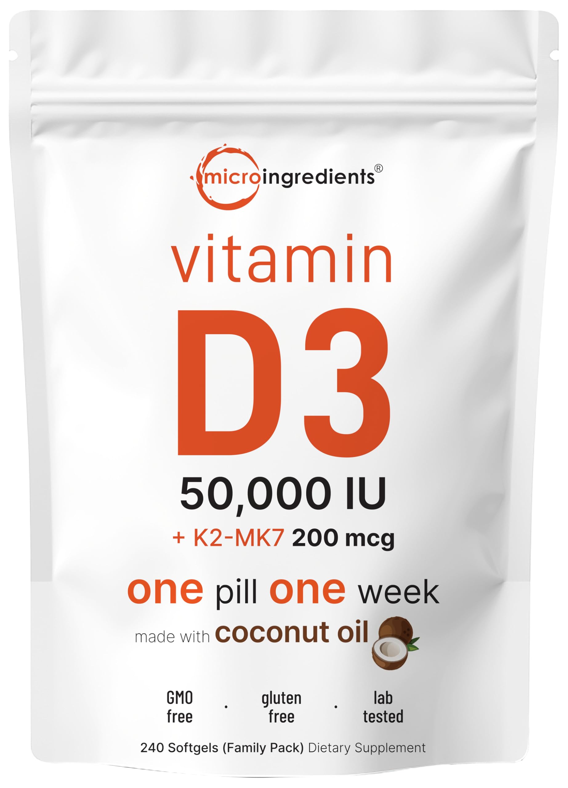 Micro Ingredients Vitamin D3 + K2 coconut oil softgels front view