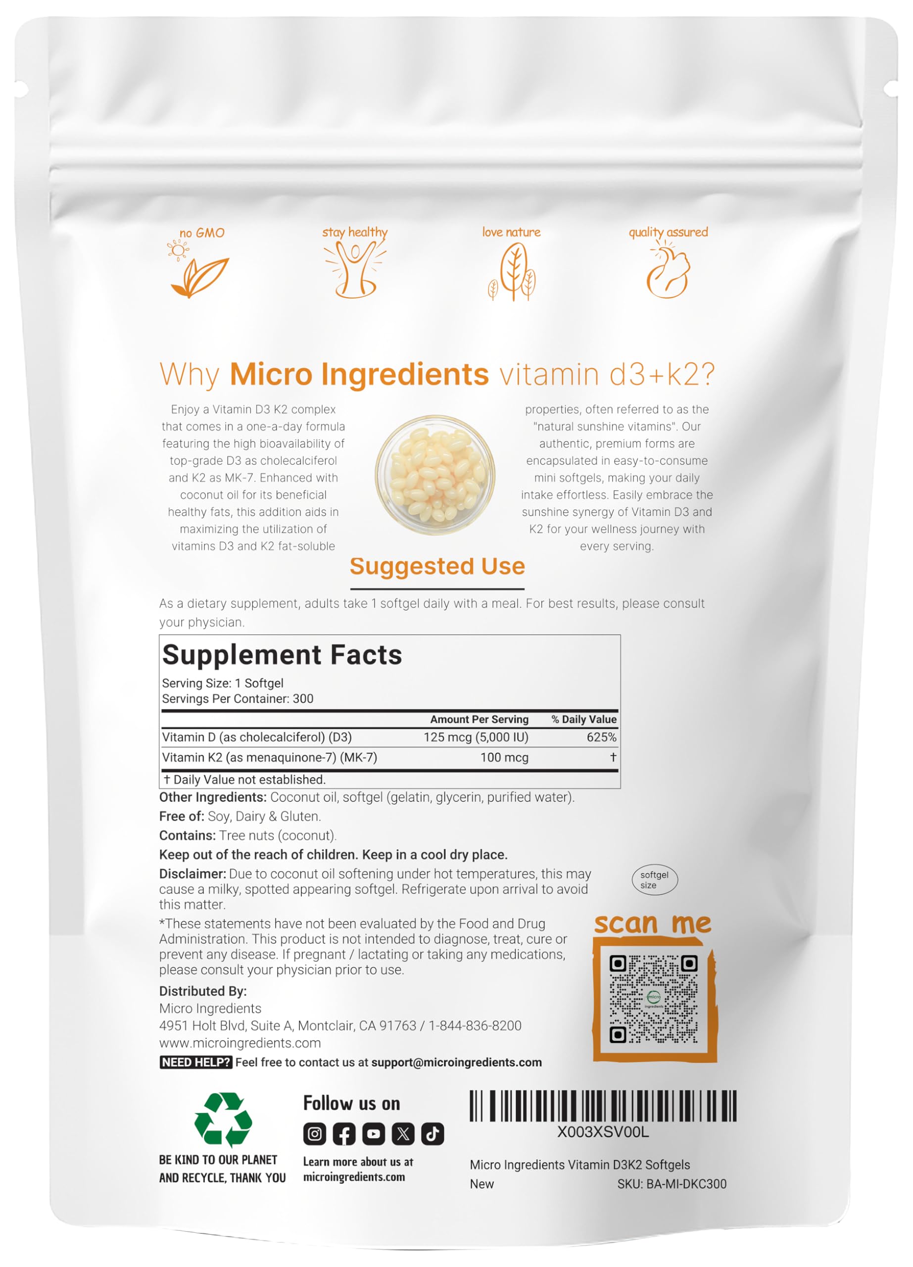 Micro Ingredients Vitamin D3 K2 softgels back view showing nutritional information