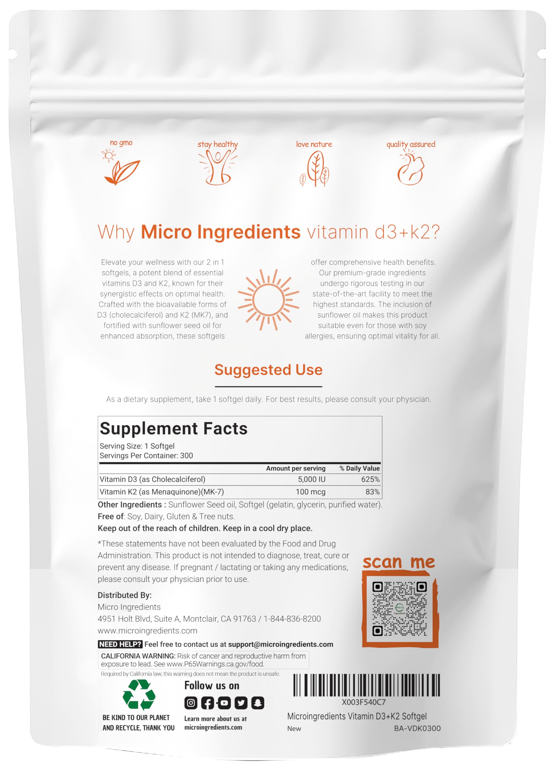 Micro Ingredients Vitamin D3 Plus MK7 K2 softgels in pouch