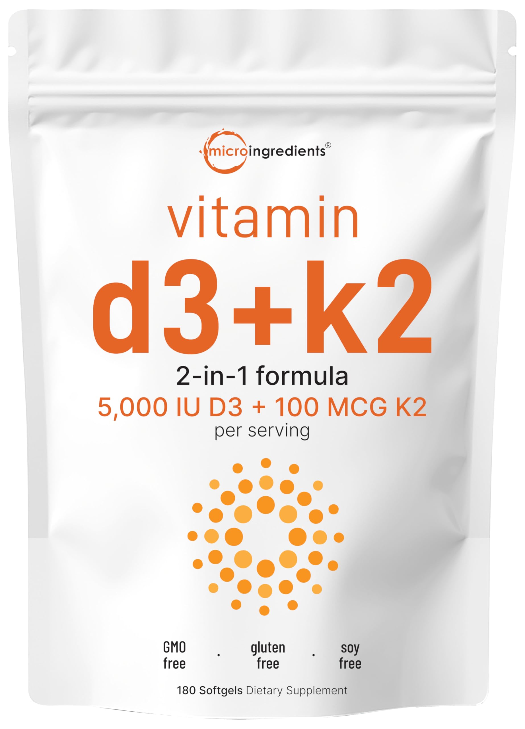 Micro Ingredients Vitamin D3 Plus MK7 Vitamin K2 180 Softgels front view