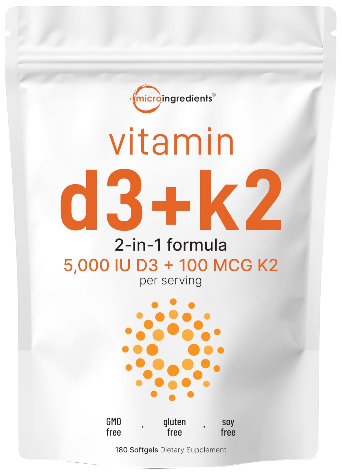 Micro Ingredients Vitamin D3 Plus MK7 Vitamin K2 180 Softgels front view