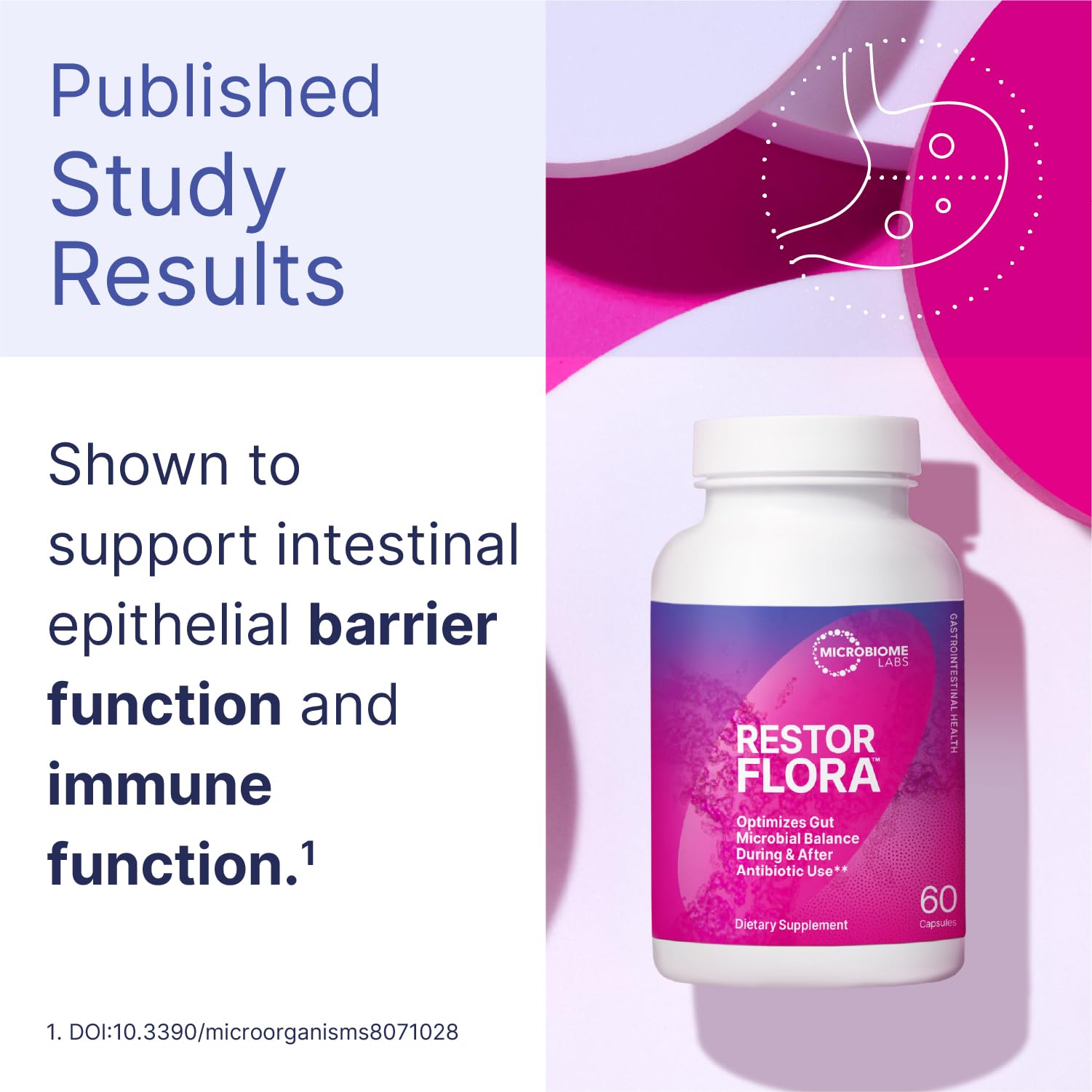 Microbiome Labs Probiotic Supplement 50g capsules on a wooden surface